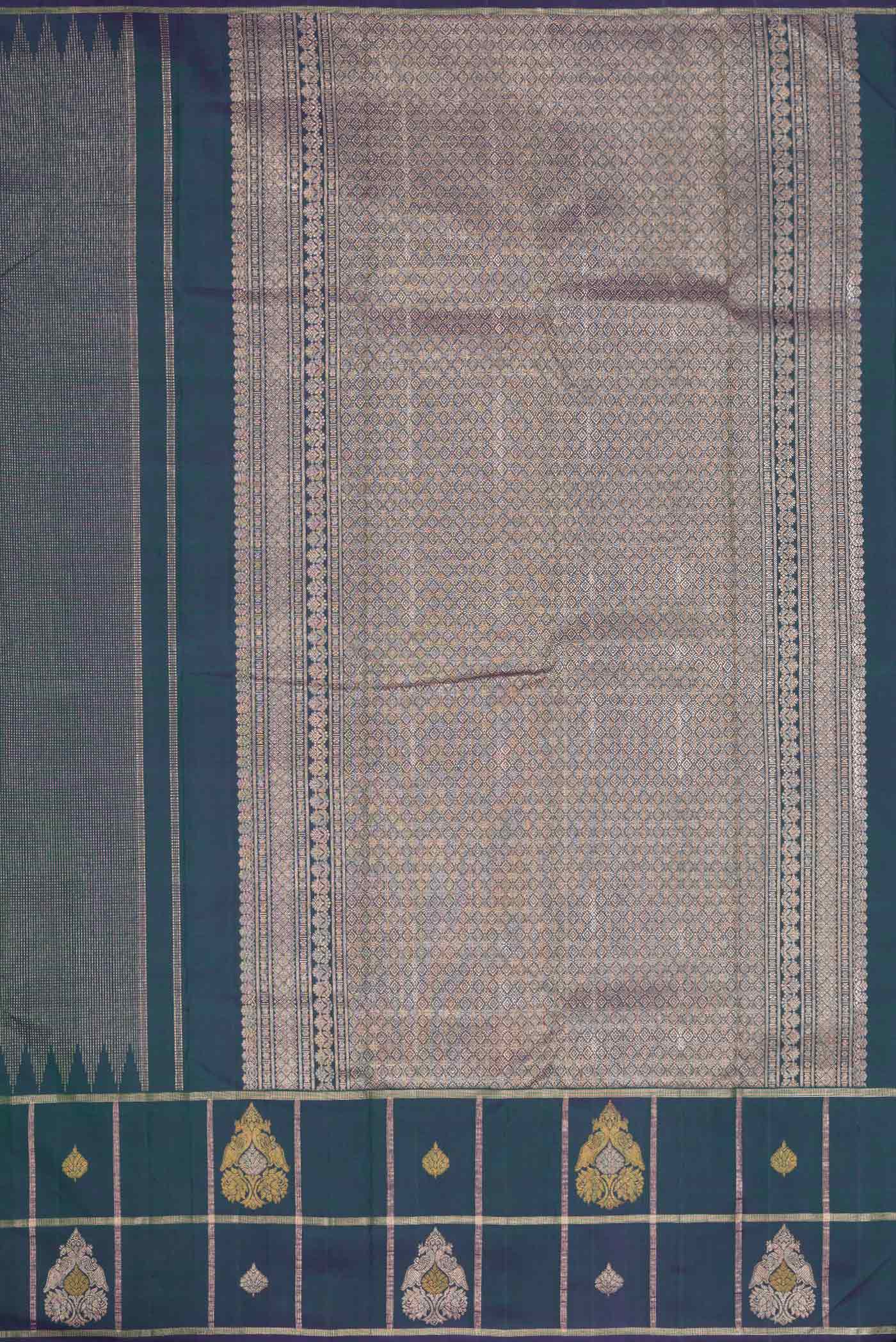 Close up image of the pallu of Peacock Blue Dual Tone Kanchipuram Silk Saree with Zari Brocade on the body and Fancy Border