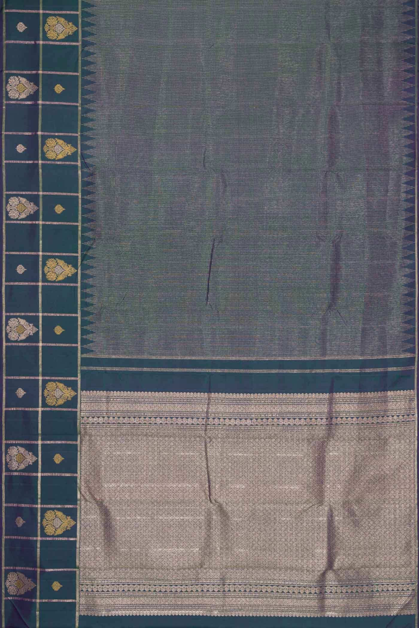Flat view of Peacock Blue Dual Tone Kanchipuram Silk Saree with Zari Brocade on the body and Fancy Border