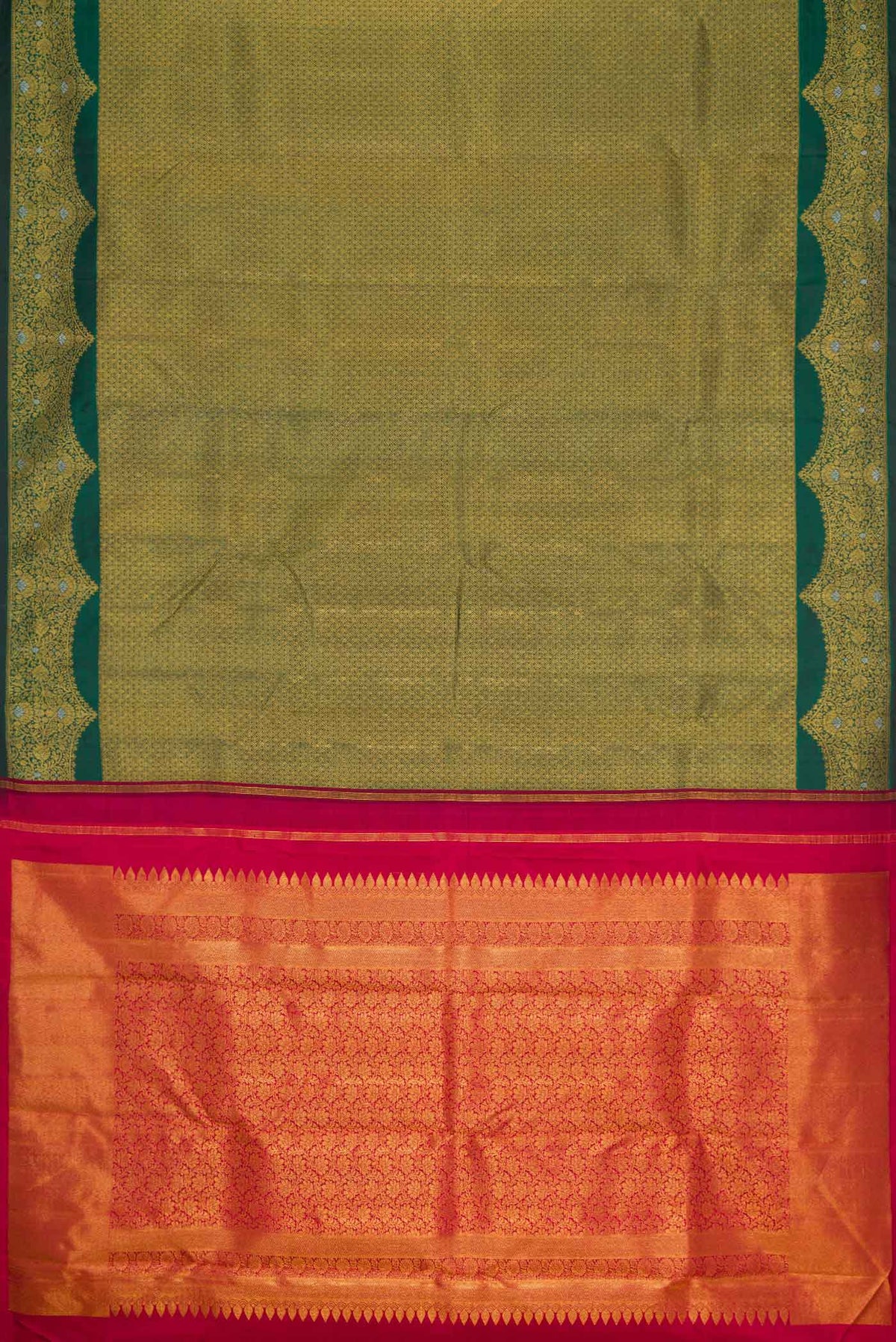 Flat view of Green Dual Tone Kanchipuram Silk Saree with Zari Brocade on the body and Fancy Border