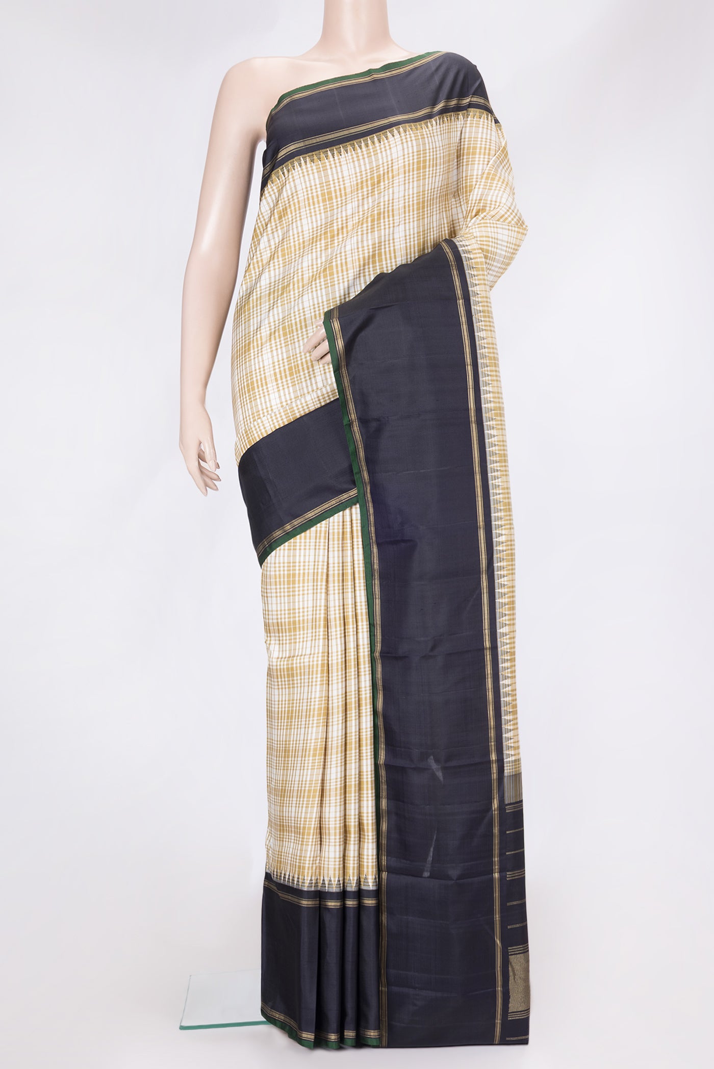 Beige Dual Tone Kanjivaram Silk Saree with Checked design on the body and Zari Border.  displayed on a mannequin