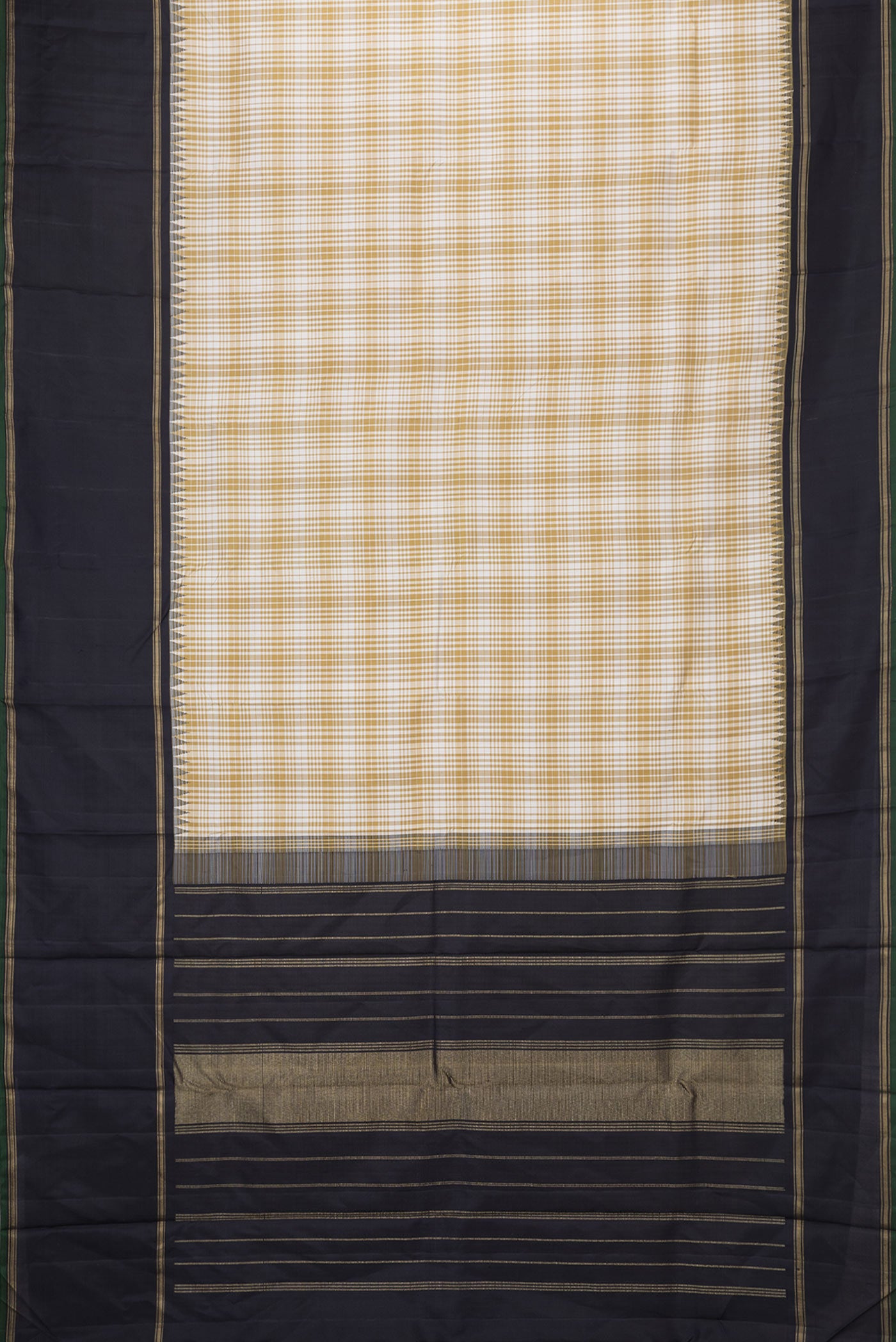 Flat view of Beige Dual Tone Kanjivaram Silk Saree with Checked design on the body and Zari Border. 