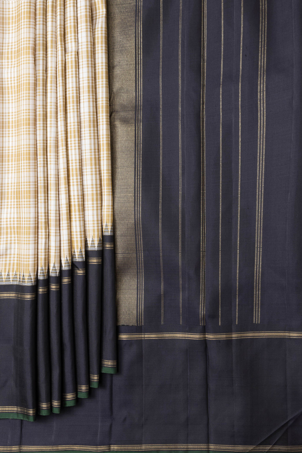 Pleats and pallu of Beige Dual Tone Kanjivaram Silk Saree with Checked design on the body and Zari Border. 