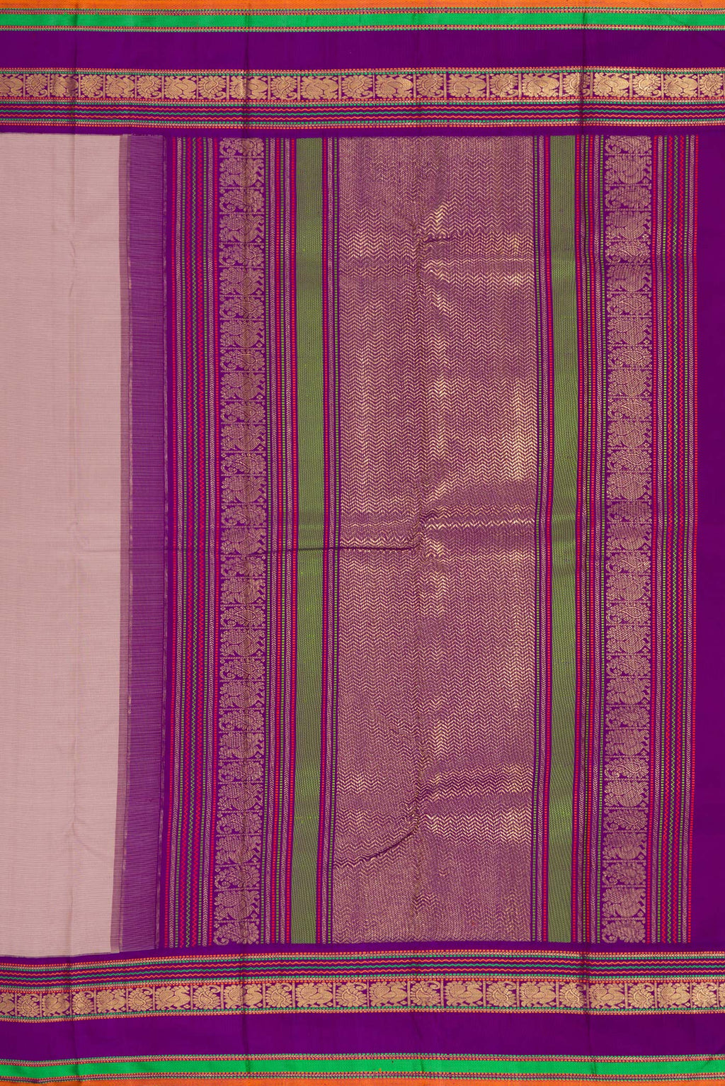 Close up image of the pallu of Pure Silk Pure Zari Brown Dual Tone Kanchipuram Saree with Stripes on the body and Zari And Thread Border. 