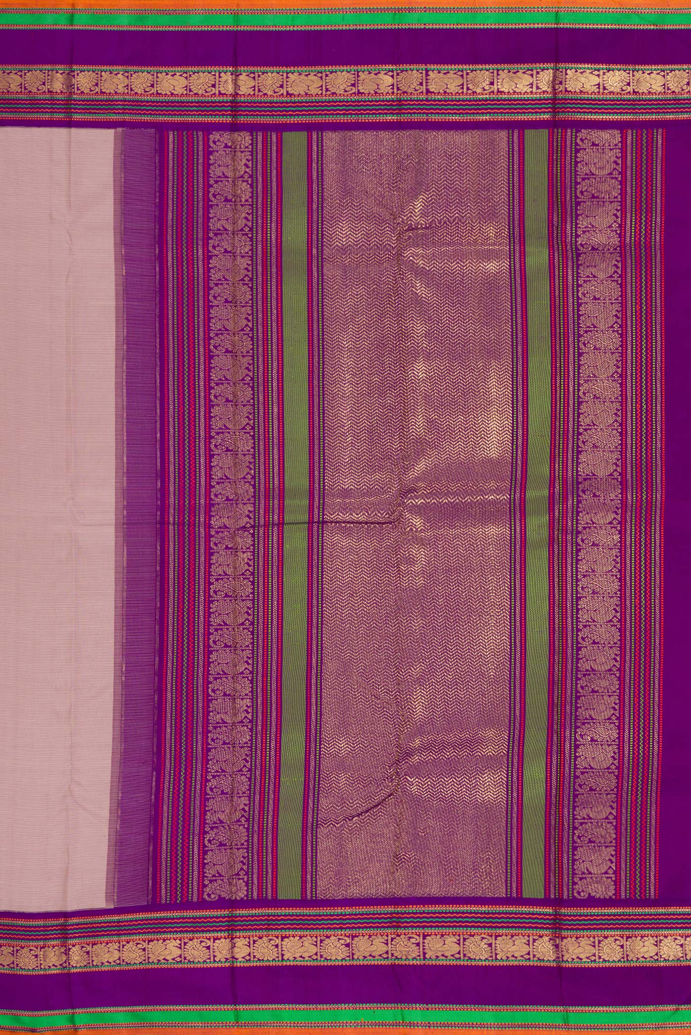 Close up image of the pallu of Pure Silk Pure Zari Brown Dual Tone Kanchipuram Saree with Stripes on the body and Zari And Thread Border. 