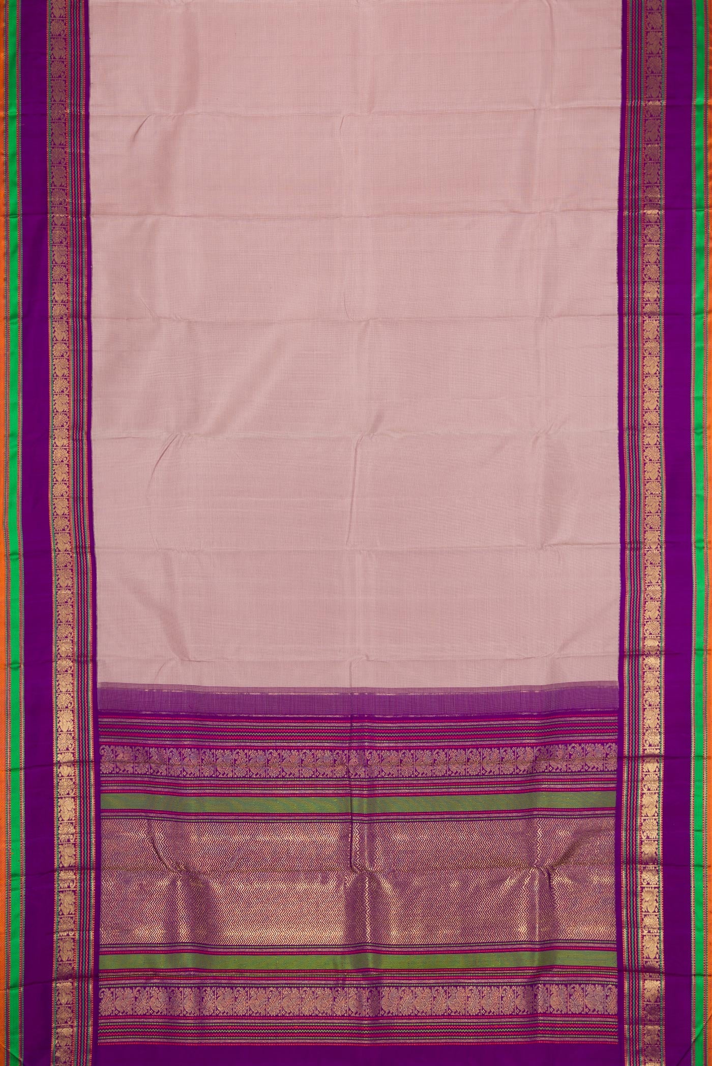 Flat view of Pure Silk Pure Zari Brown Dual Tone Kanchipuram Saree with Stripes on the body and Zari And Thread Border. 