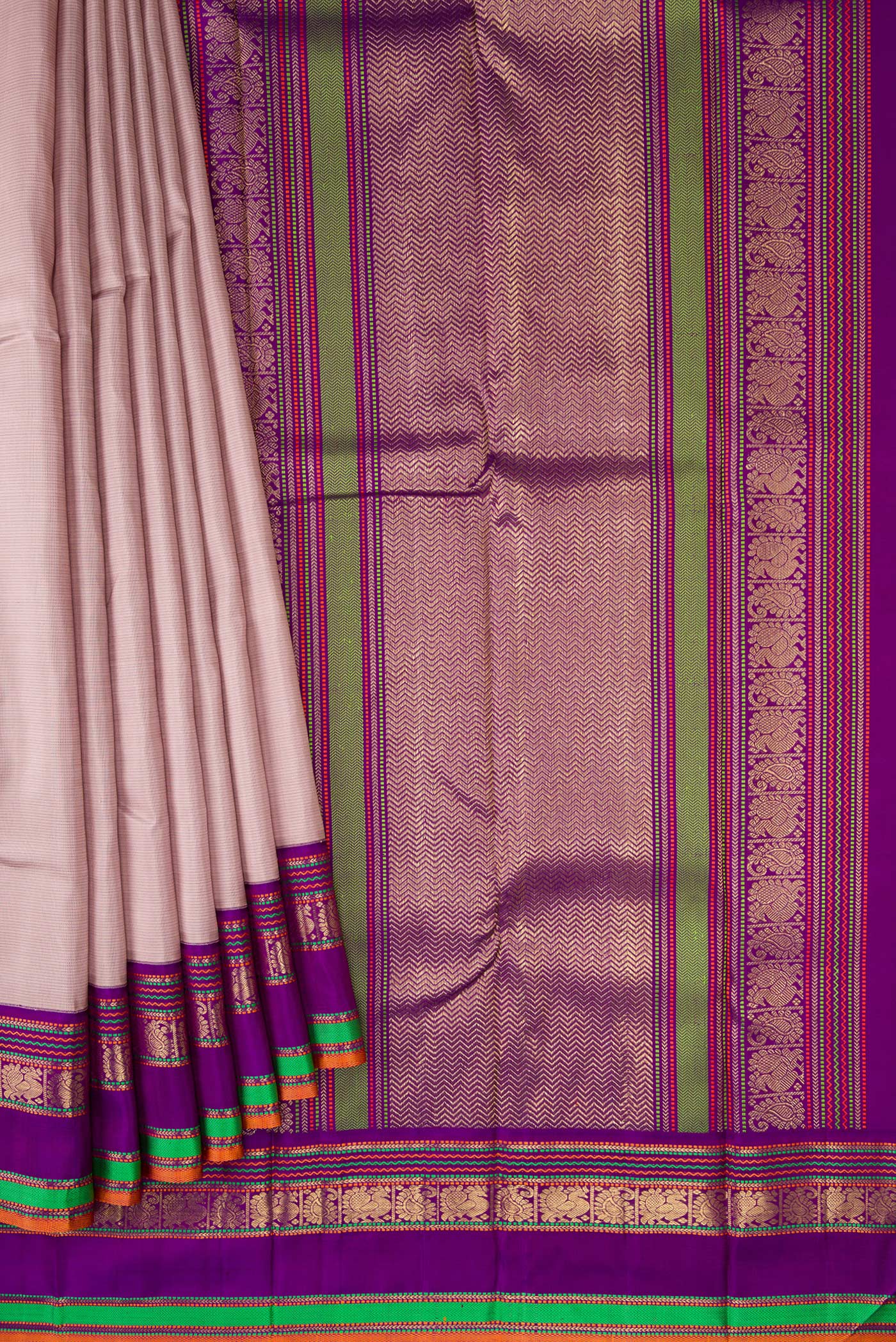 Pleats and pallu of Pure Silk Pure Zari Brown Dual Tone Kanchipuram Saree with Stripes on the body and Zari And Thread Border. 