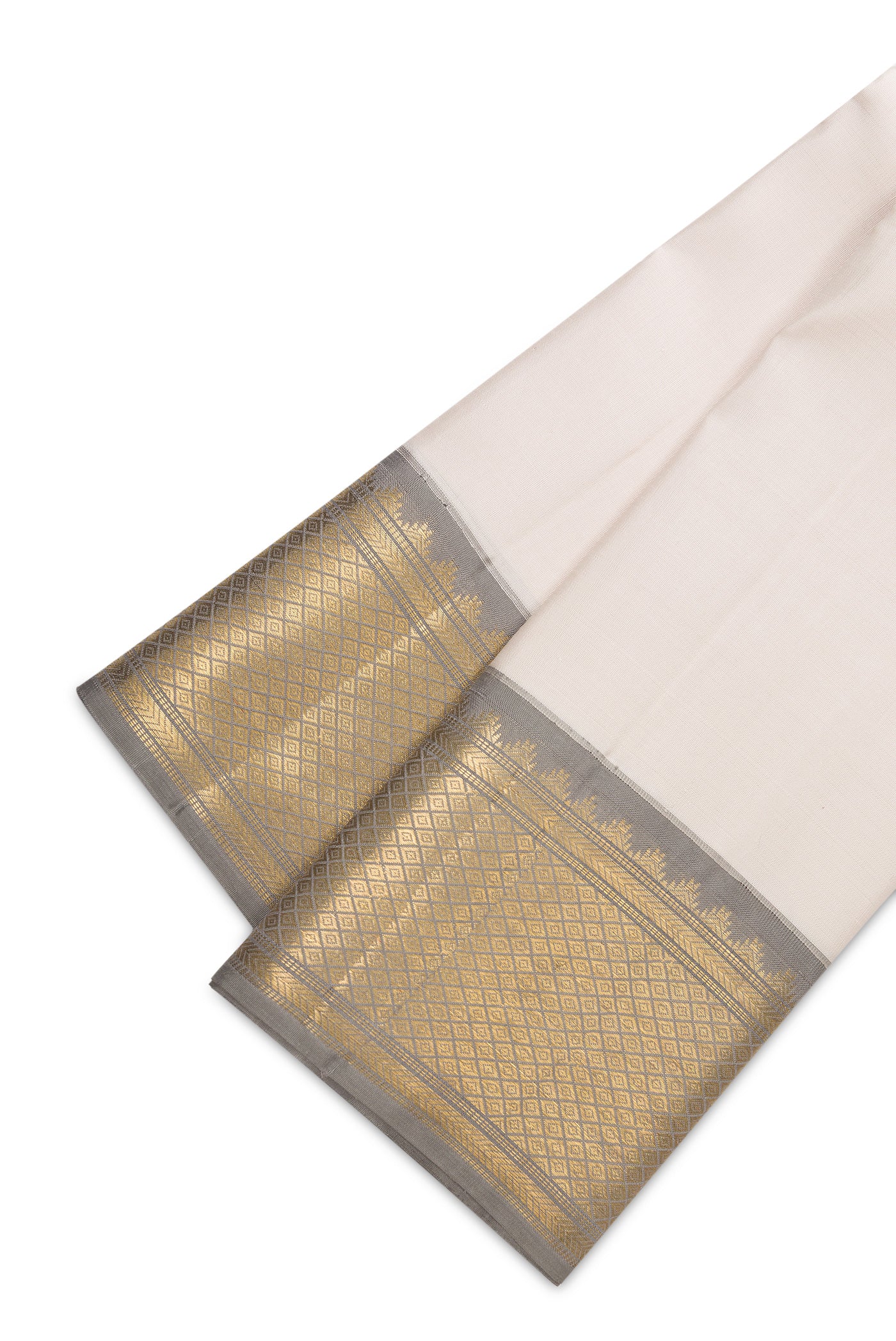 Beige Silk Dhoti With Angavastram (9X 5) Muzham with Plain Body and Zari Border