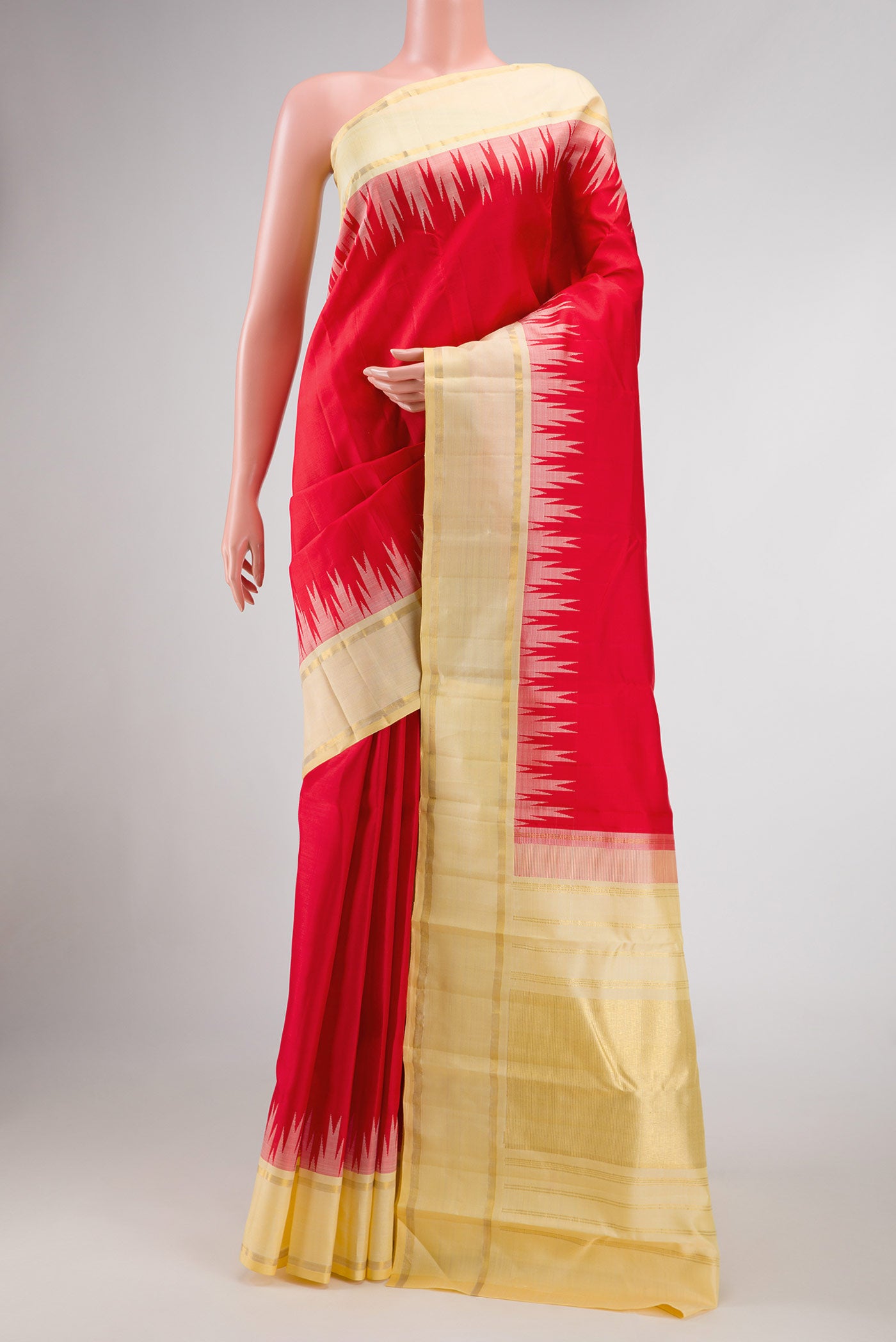 Red Dual Tone Kanchipuram Silk Saree with Plain Body and Temple Border.  displayed on a mannequin