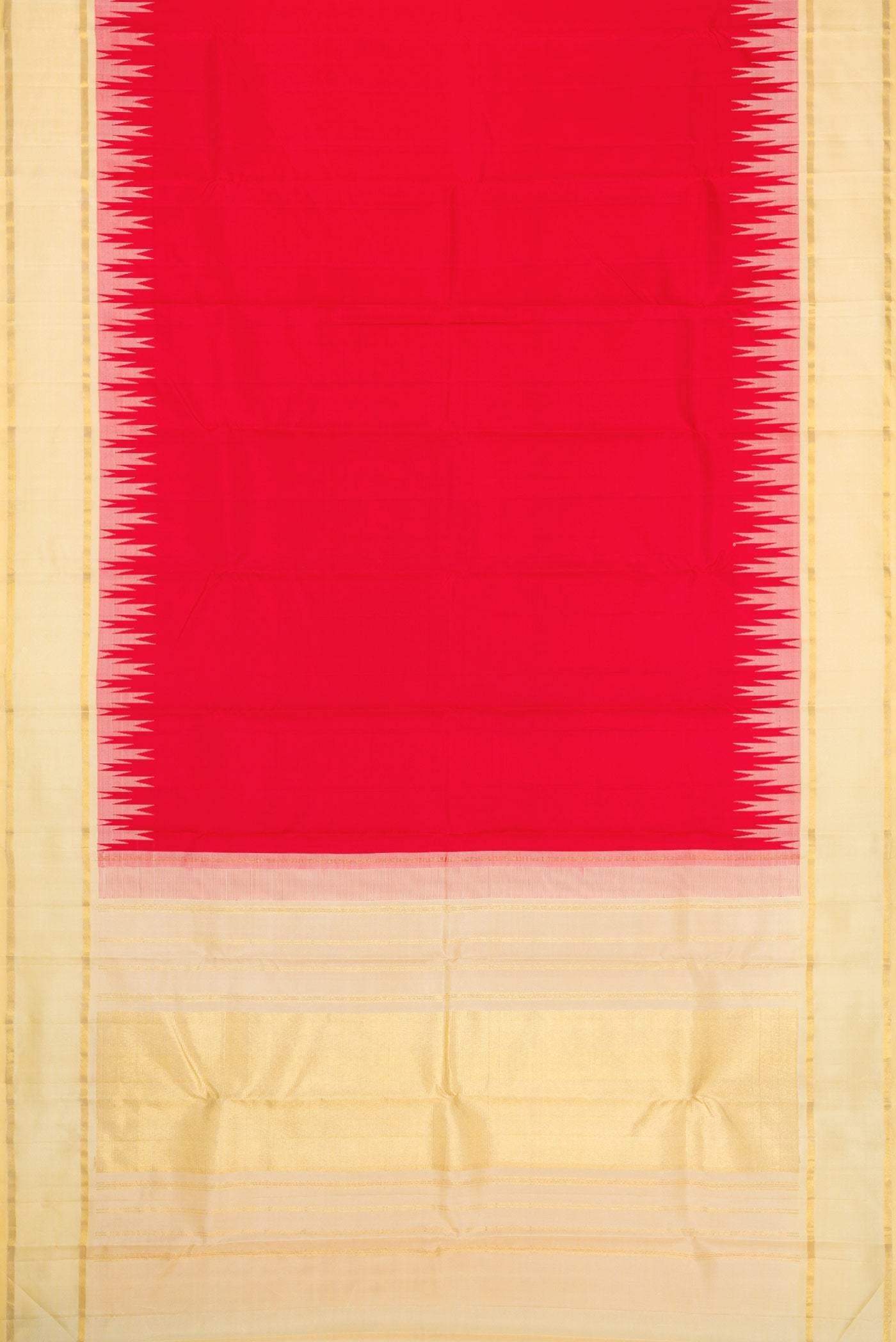 Flat view of Red Dual Tone Kanchipuram Silk Saree with Plain Body and Temple Border. 