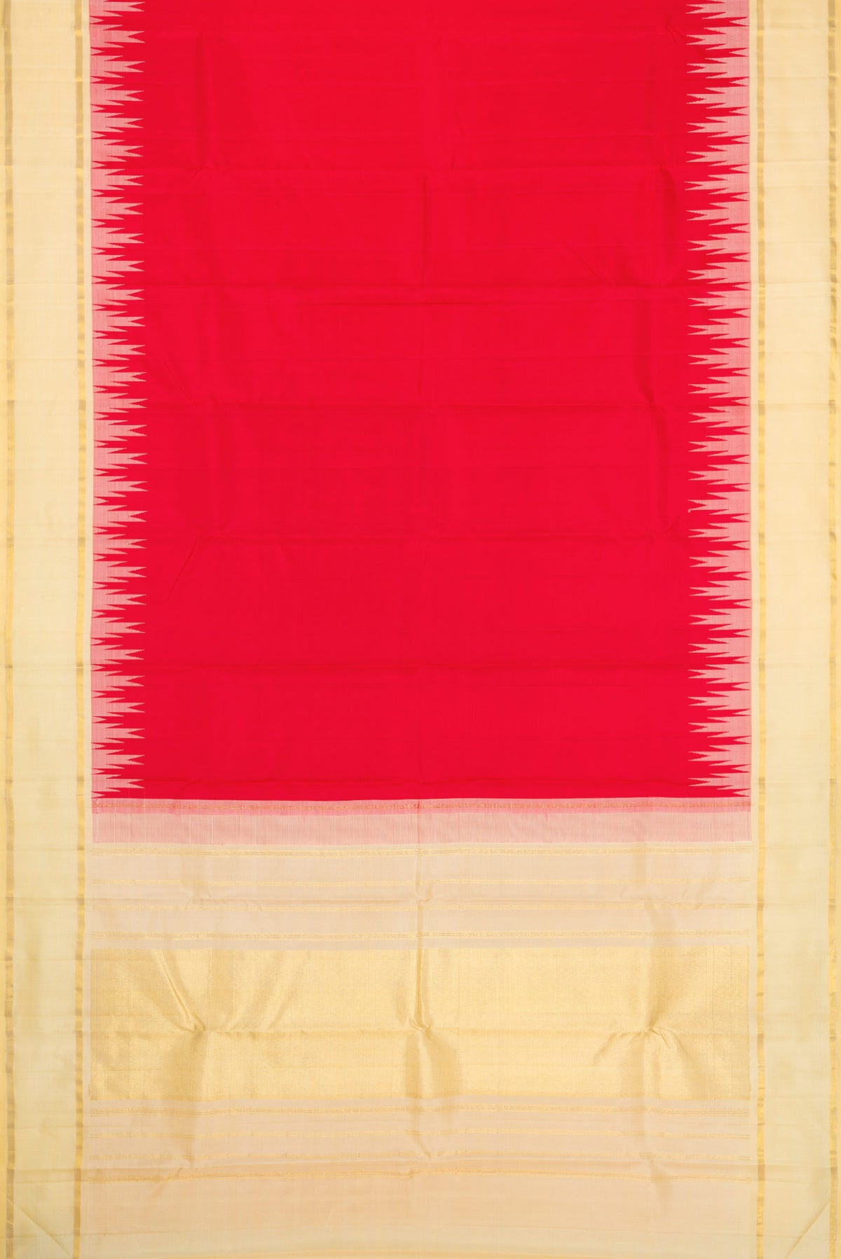 Flat view of Red Dual Tone Kanchipuram Silk Saree with Plain Body and Temple Border. 