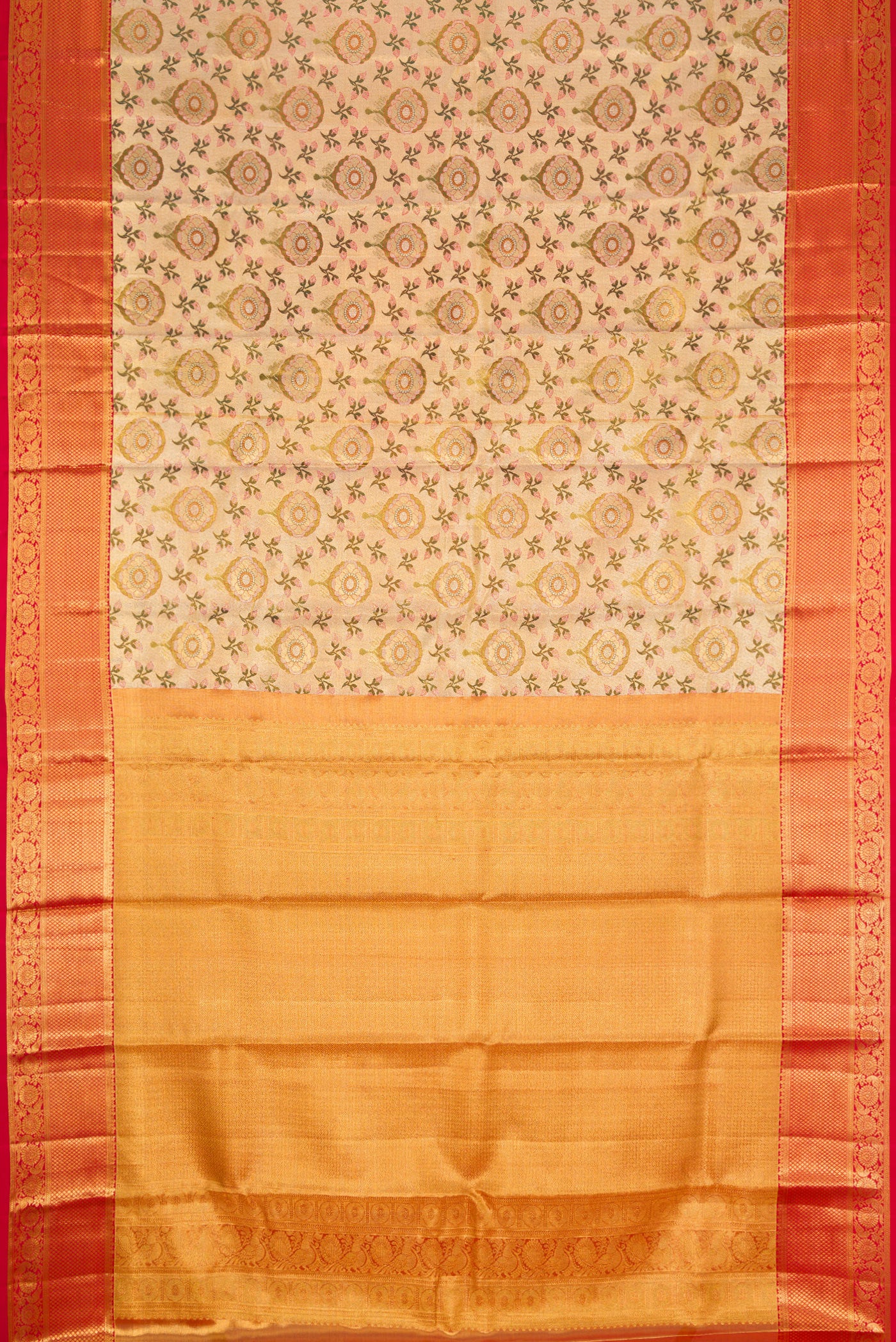 Flat view of Gold Dual Tone Kanjivaram Tissue Silk Saree with Zari Brocade on the body and Zari Border. 