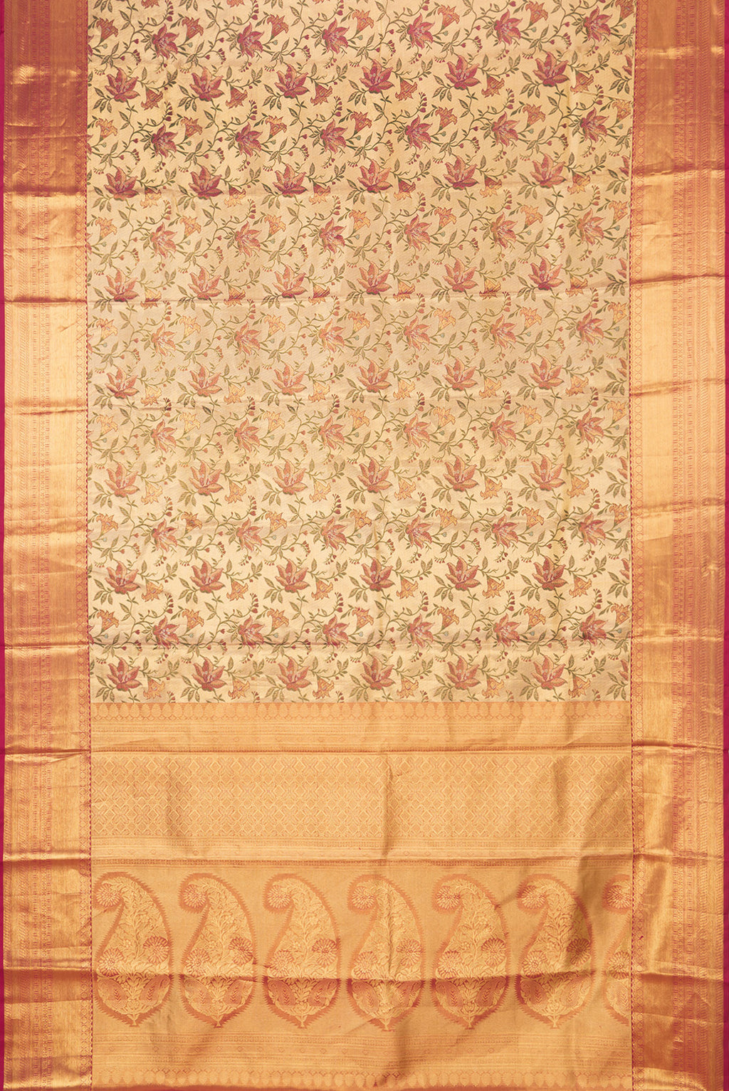Flat view of Gold Dual Tone Kanchipuram Tissue Silk Saree with Zari Brocade on the body and Zari Border. 