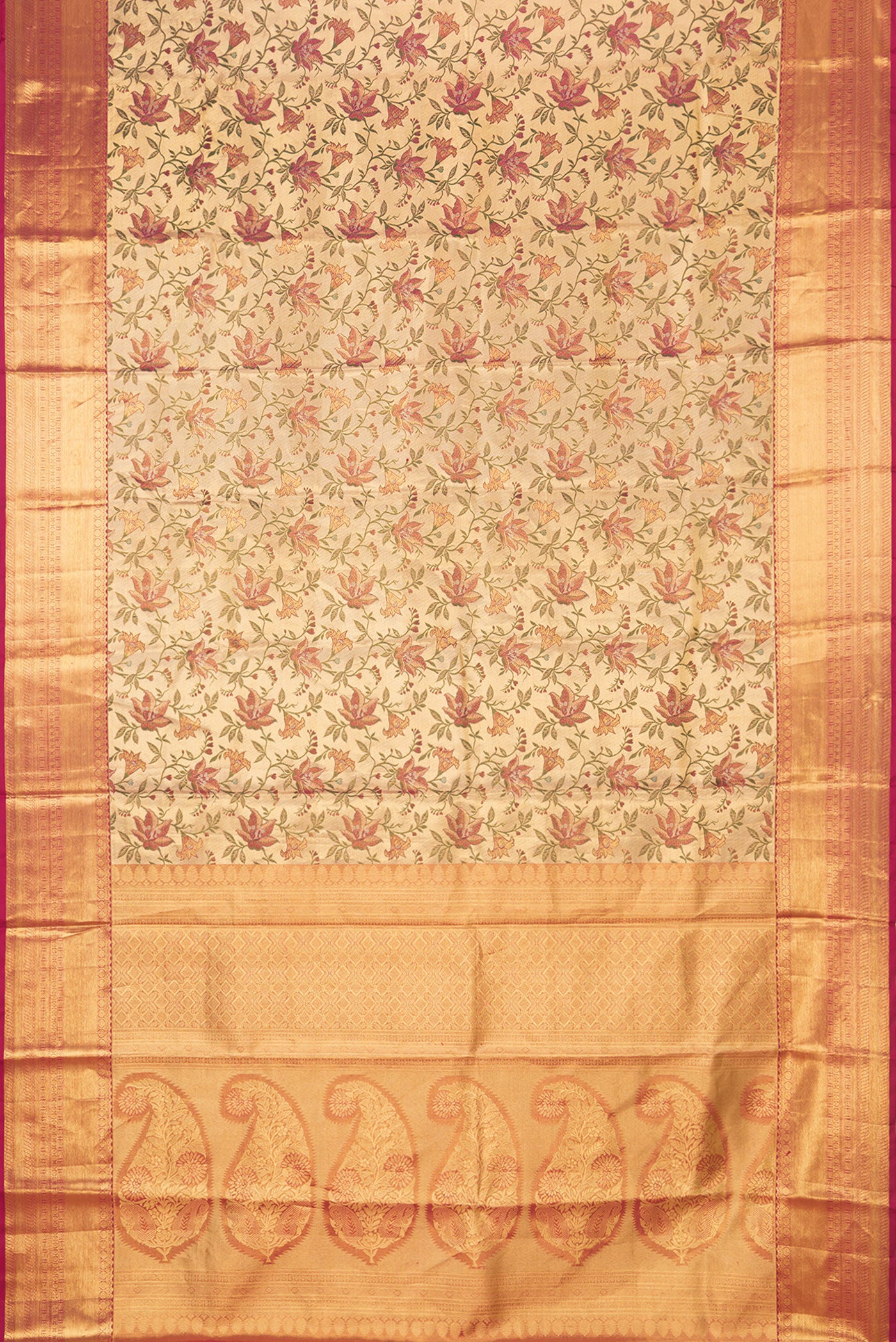 Flat view of Gold Dual Tone Kanchipuram Tissue Silk Saree with Zari Brocade on the body and Zari Border. 