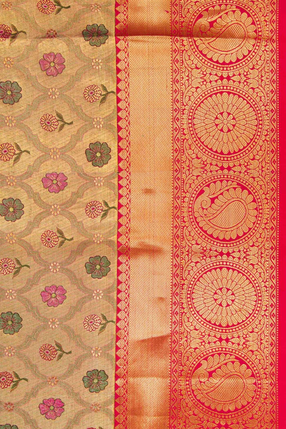 Border image of Gold Dual Tone Kanchipuram Tissue Silk Saree with Zari Brocade on the body and Zari Border. 