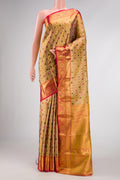 Gold Dual Tone Kanchipuram Tissue Silk Saree with Zari Brocade on the body and Zari Border.  displayed on a mannequin