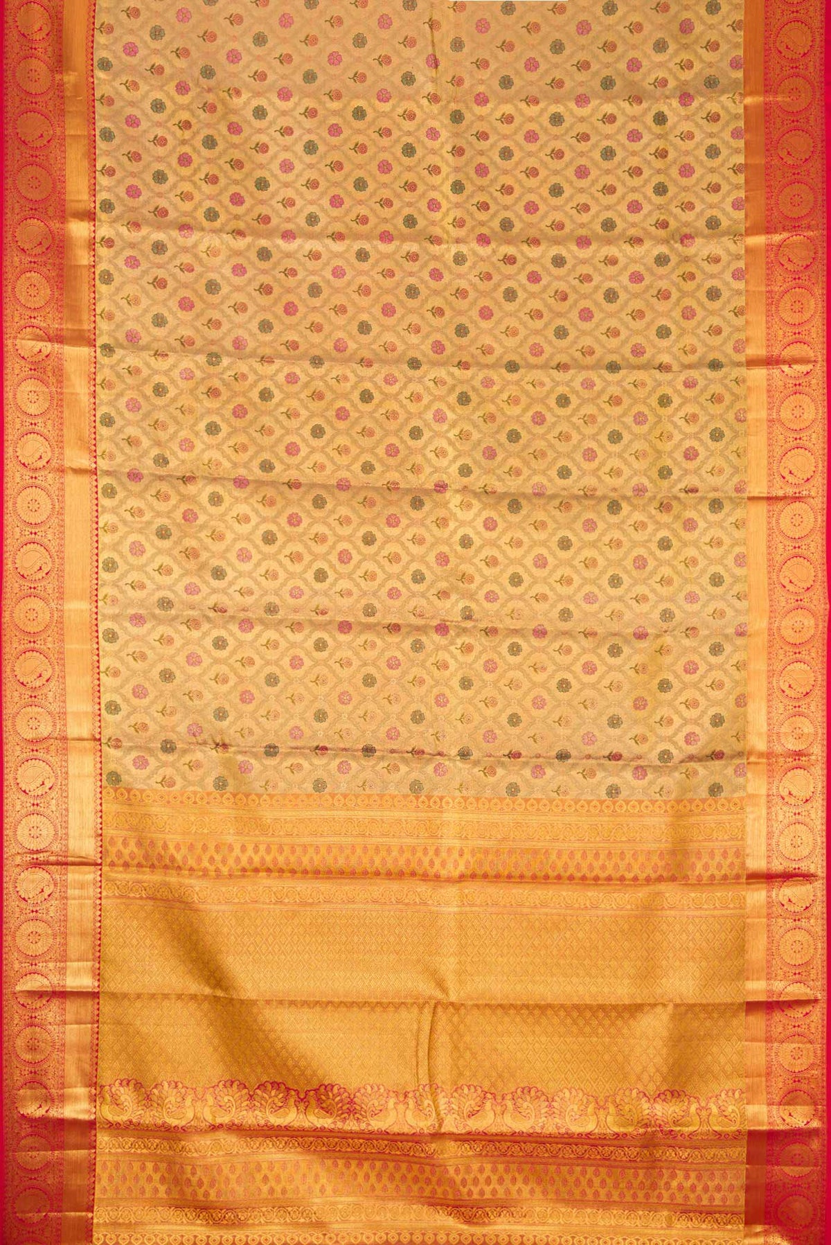 Flat view of Gold Dual Tone Kanchipuram Tissue Silk Saree with Zari Brocade on the body and Zari Border. 