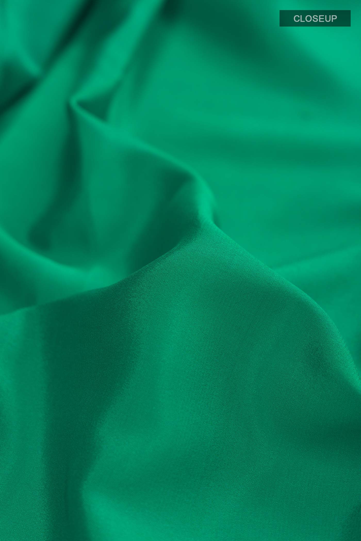 Close up of Green Mysore Crepe Saree with Plain Body and Zari Border displaying folds