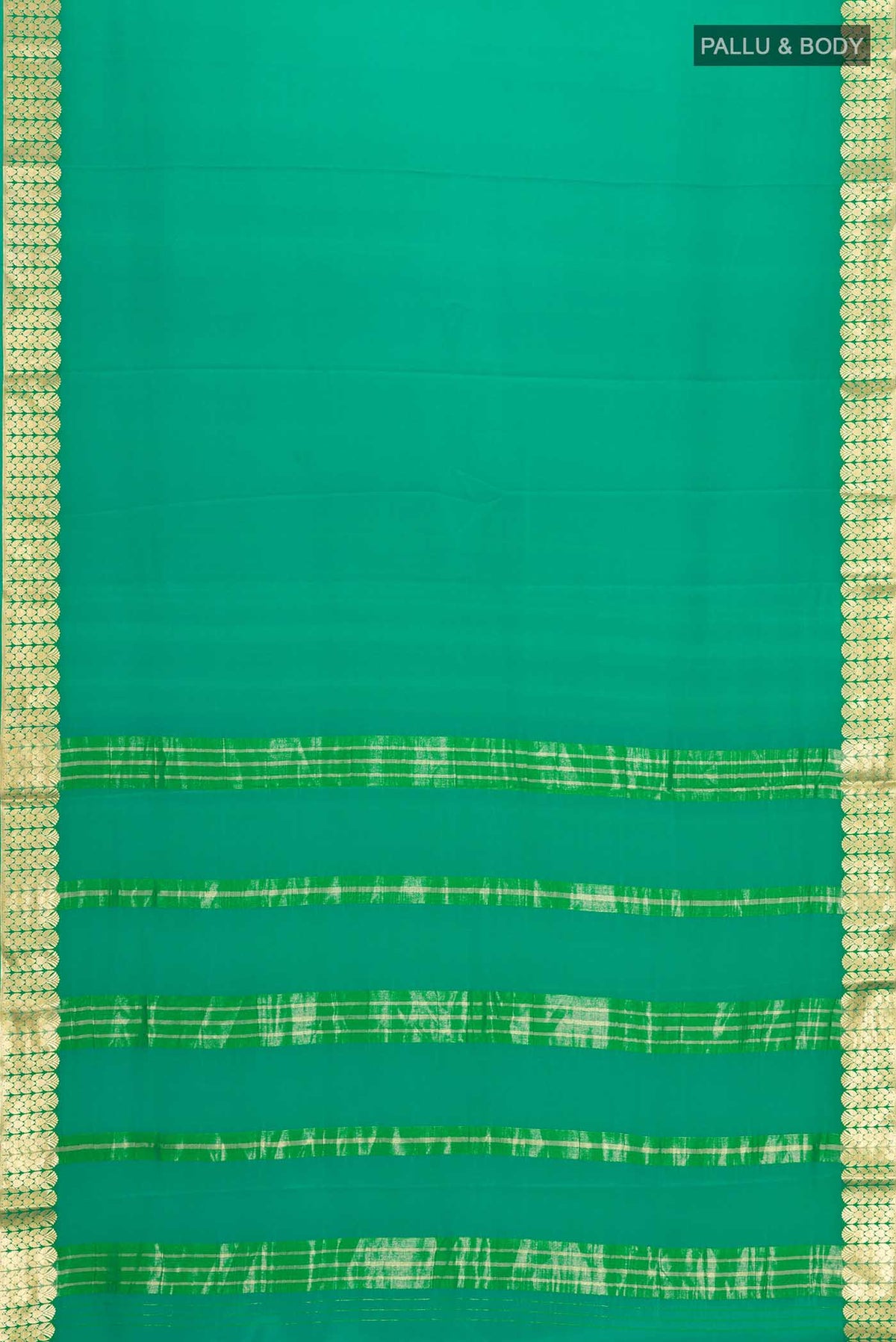Flat view of Green Mysore Crepe Saree with Plain Body and Zari Border