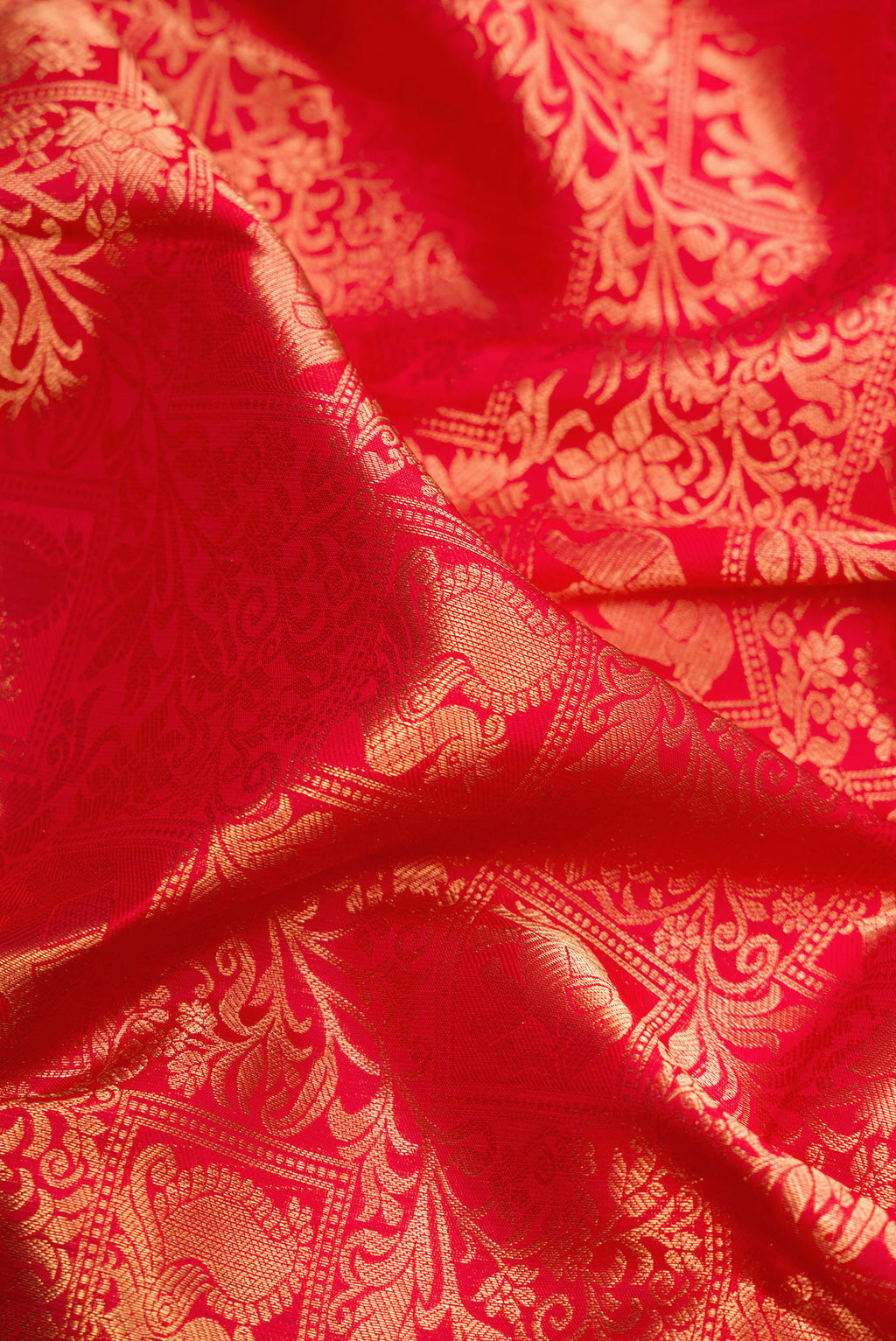 Close up of Red Kanchipuram Silk Saree with Zari Brocade on the body and Zari Border.  displaying folds