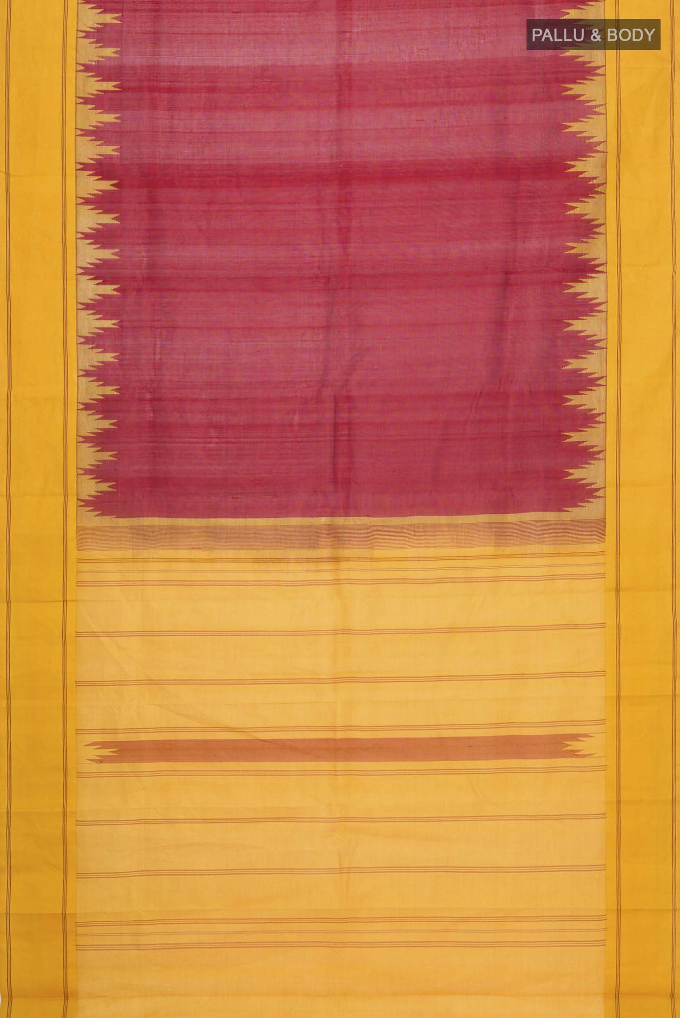 Flat view of Maroon Kanchi Cotton Saree with Plain Body and Plain Border