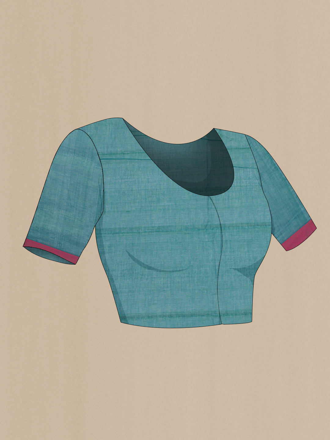 Close up image of the blouse of Peacock Blue Kanchi Cotton Saree with Zari Butta on the body and Plain Border. 