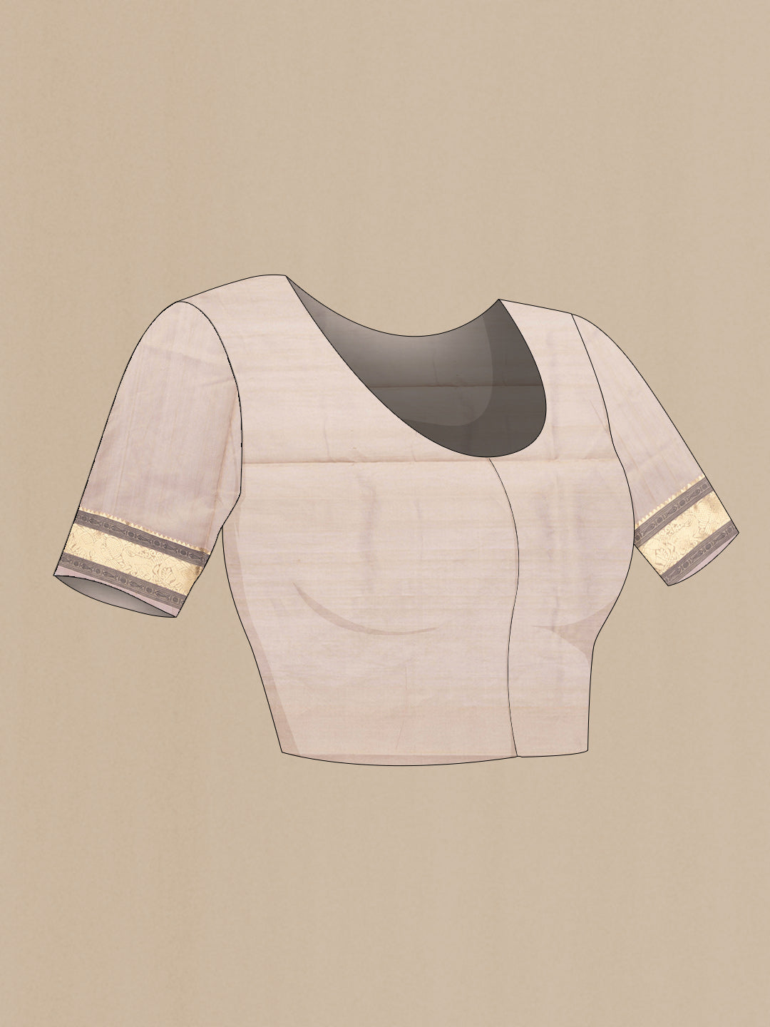 Close up image of the blouse of Rose Gold Dual Tone Silk Cotton Saree with Zari Butta on the body and Zari And Thread Border. 
