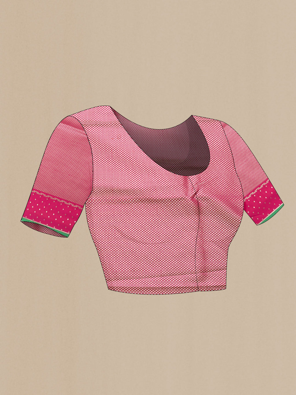 Close up image of the blouse of Pink Dual Tone Banarasi Silk Saree with Zari Butta on the body and Fancy Border. 