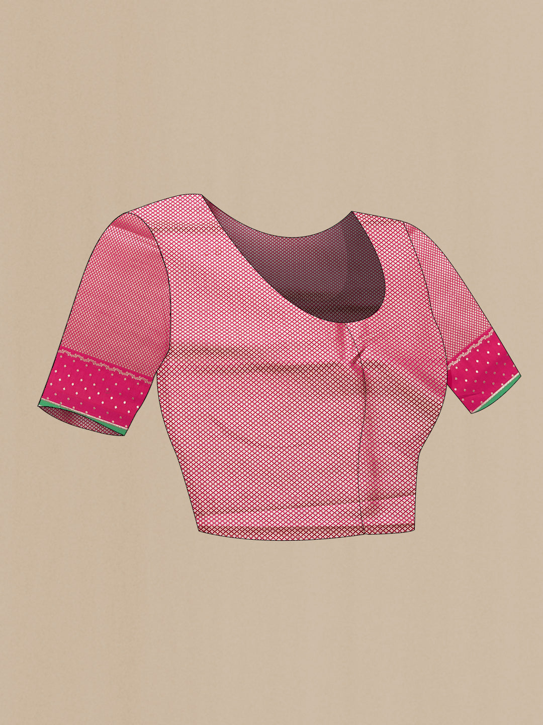 Close up image of the blouse of Pink Dual Tone Banarasi Silk Saree with Zari Butta on the body and Fancy Border. 