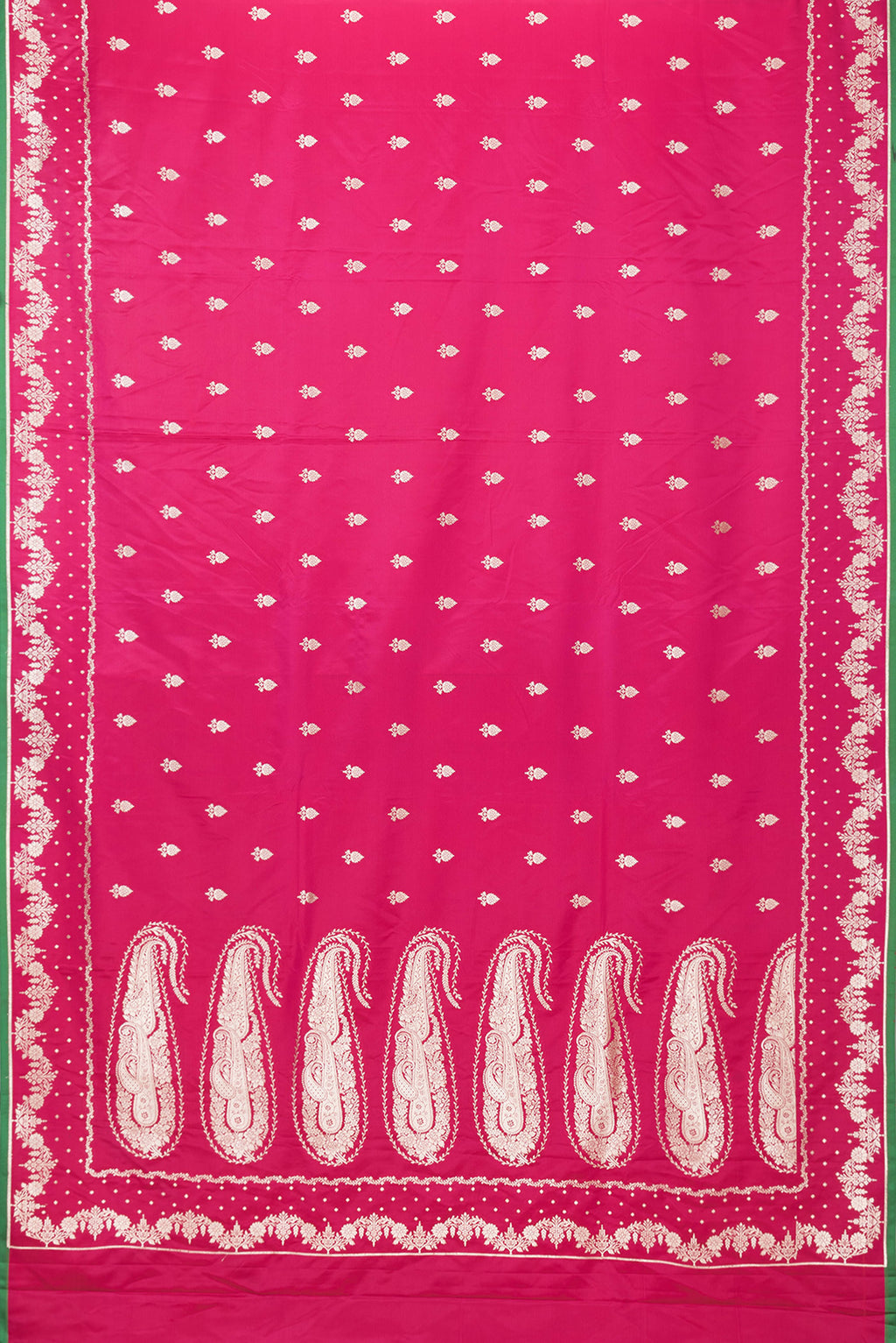Flat view of Pink Dual Tone Banarasi Silk Saree with Zari Butta on the body and Fancy Border. 