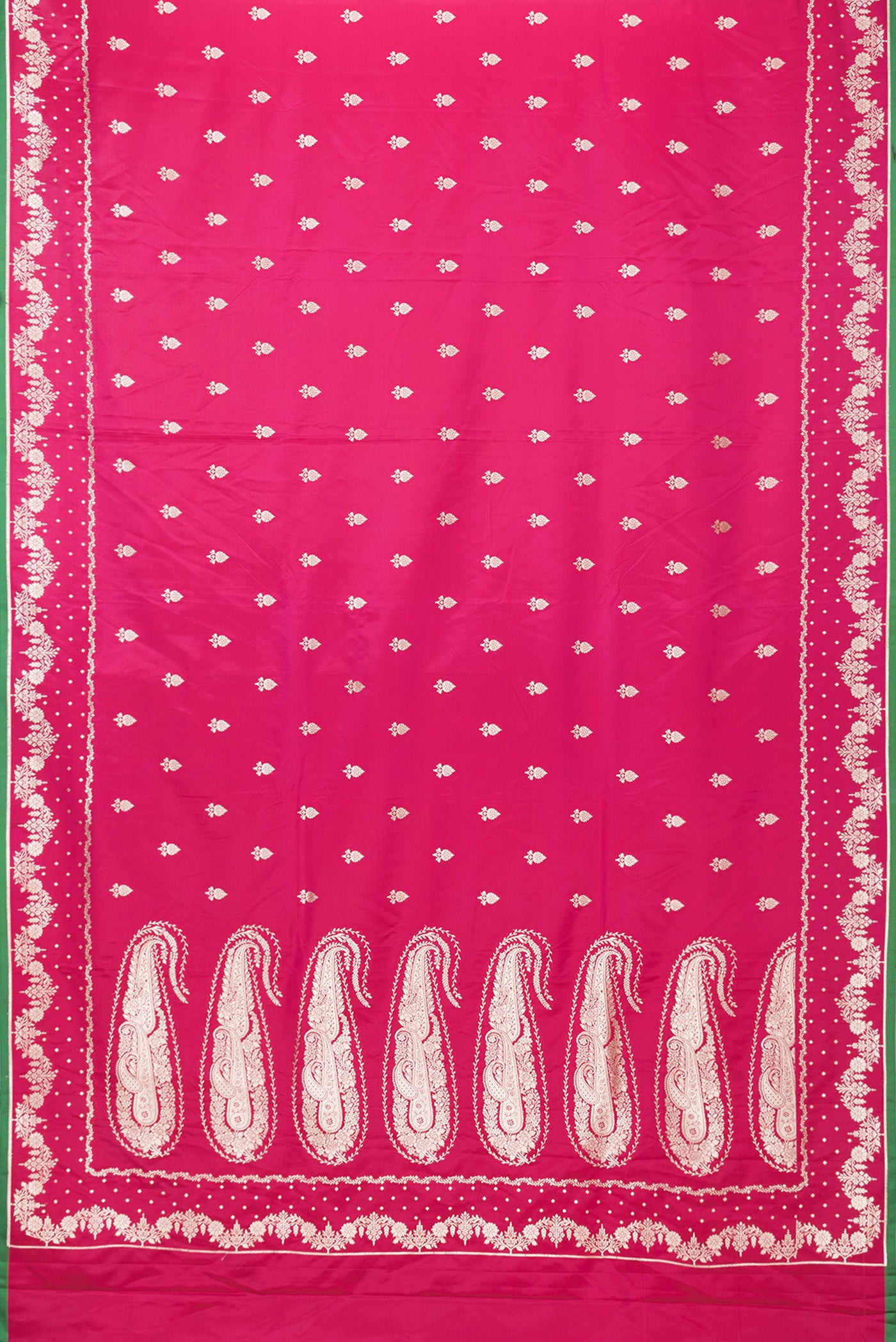 Flat view of Pink Dual Tone Banarasi Silk Saree with Zari Butta on the body and Fancy Border. 