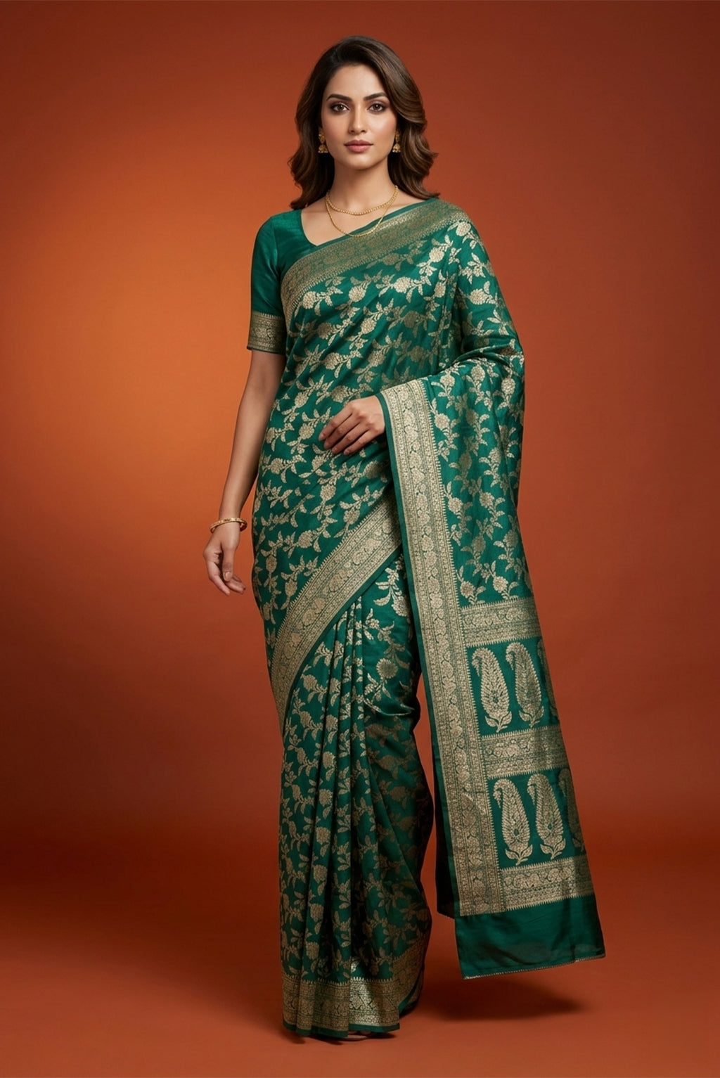 Model wearing a Bottle Green Banarasi Tussar Silk Saree with Zari Brocade on the body and Zari Border.