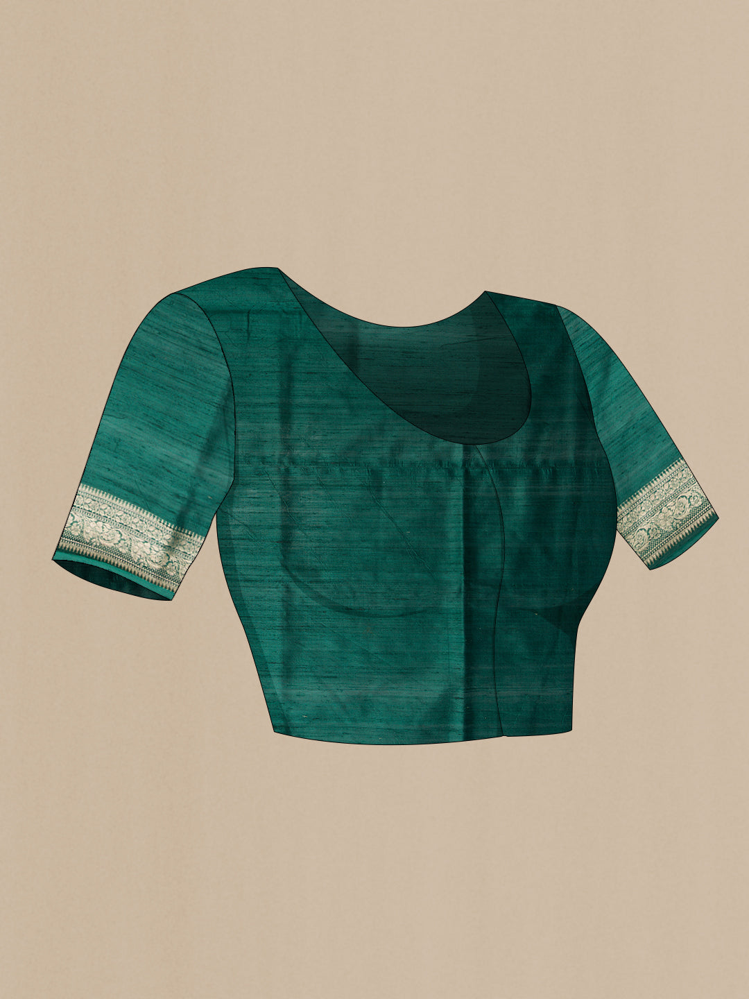 Close up image of the blouse of Bottle Green Dual Tone Banarasi Silk Saree with Zari Brocade on the body and Zari Border. 