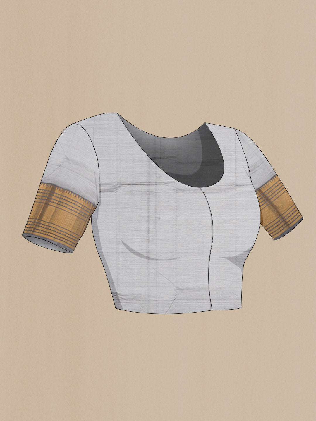 Close up image of the blouse of Grey Mangalagiri Cotton Saree with Stripes on the body and Zari Border