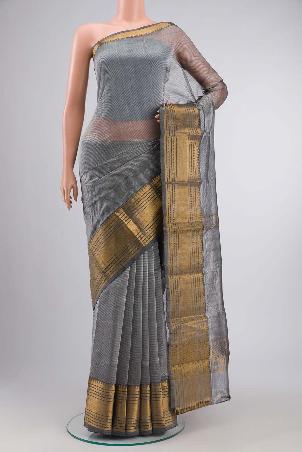 Grey Mangalagiri Cotton Saree with Stripes on the body and Zari Border displayed on a mannequin