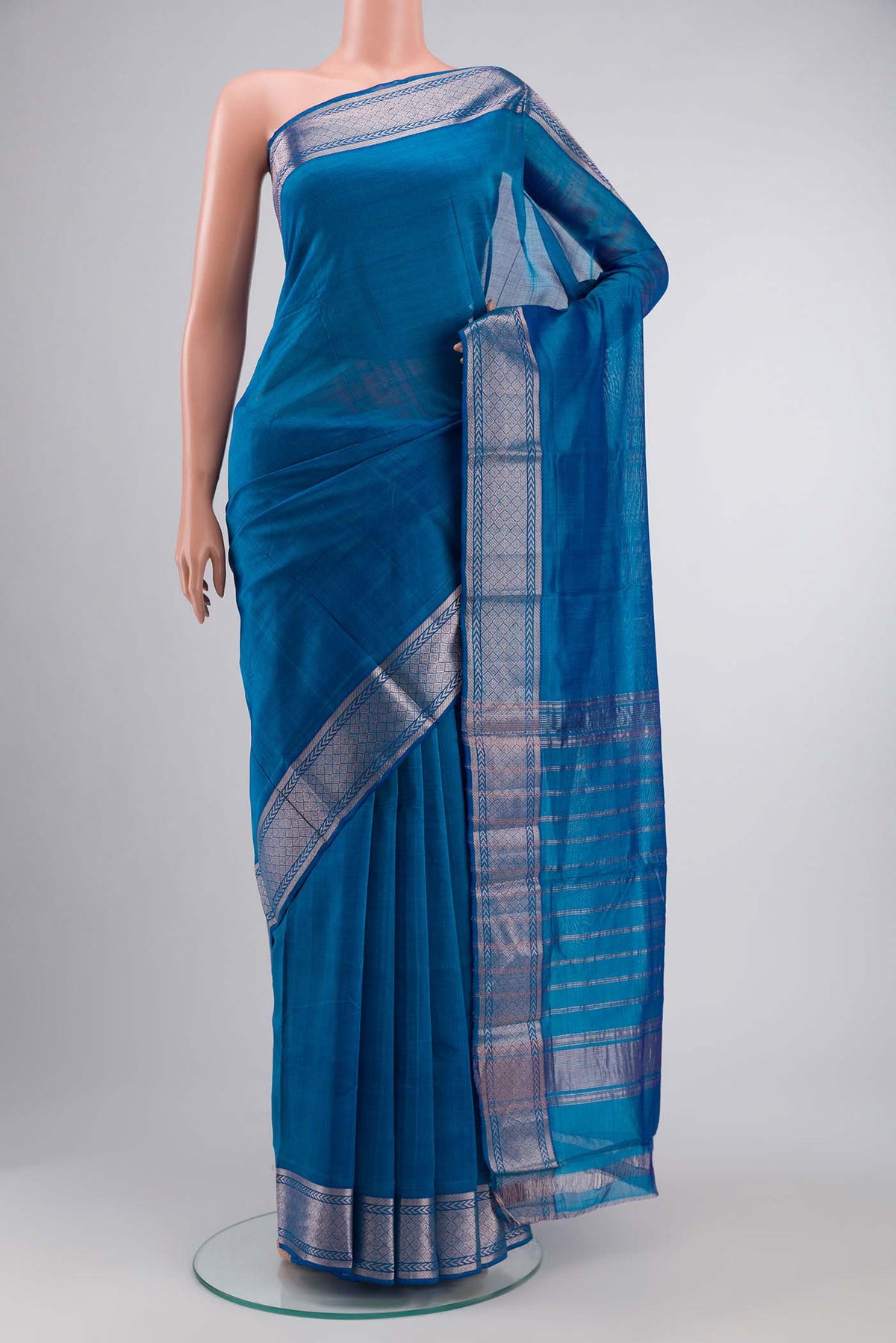 Blue Mangalagiri Cotton Saree with Plain Body and Zari Border displayed on a mannequin