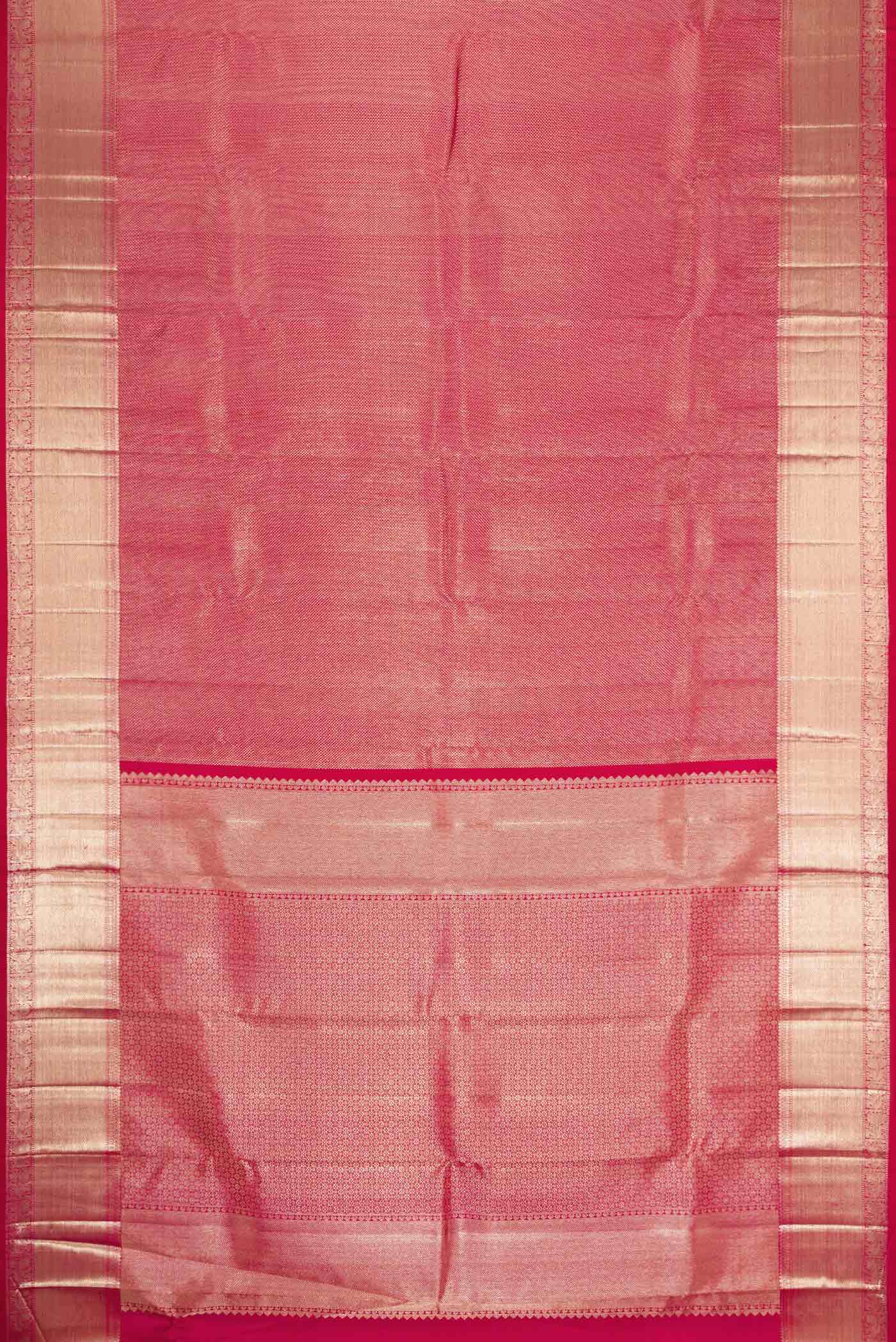 Flat view of Pink Dual Tone Kanchipuram Silk Saree with Zari Brocade on the body and Zari Border
