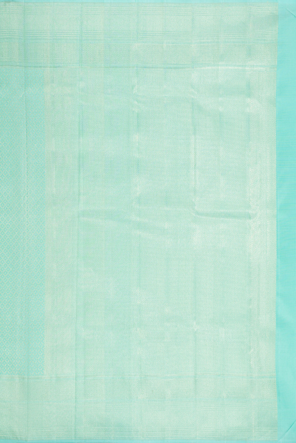 Close up image of the pallu of Light Blue Dual Tone Kanchipuram Silk Saree with Zari Brocade on the body and Zari Border. 
