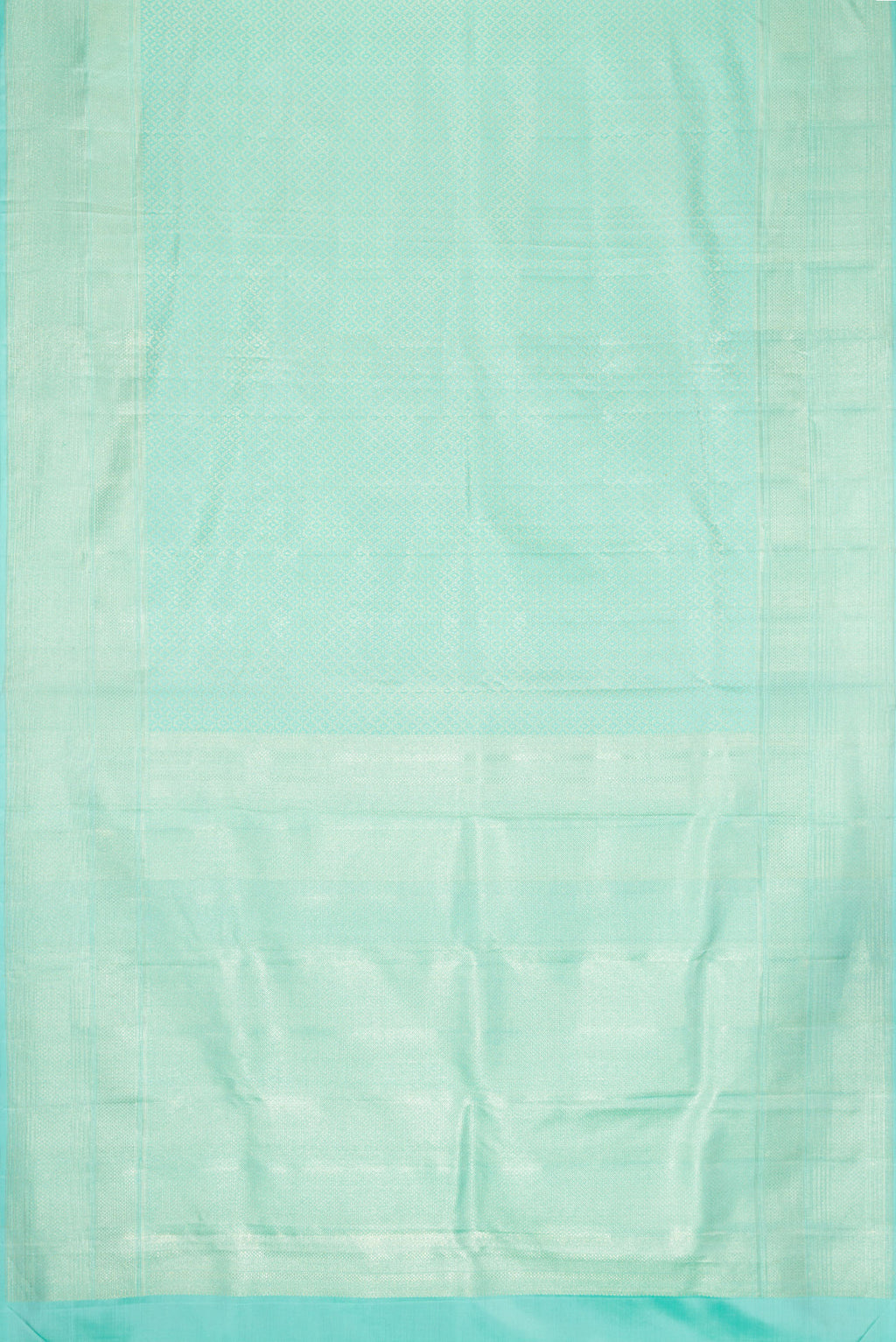 Flat view of Light Blue Dual Tone Kanchipuram Silk Saree with Zari Brocade on the body and Zari Border. 