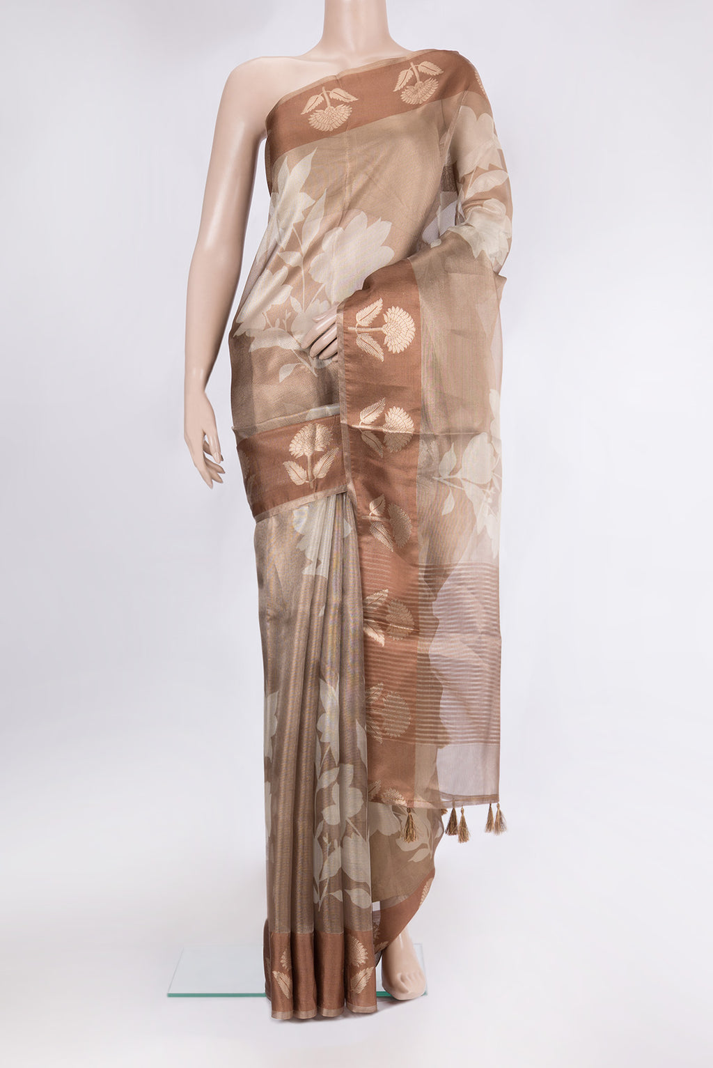 Brown Blended Kota Silk Saree with Checked design on the body and Fancy Border.  displayed on a mannequin