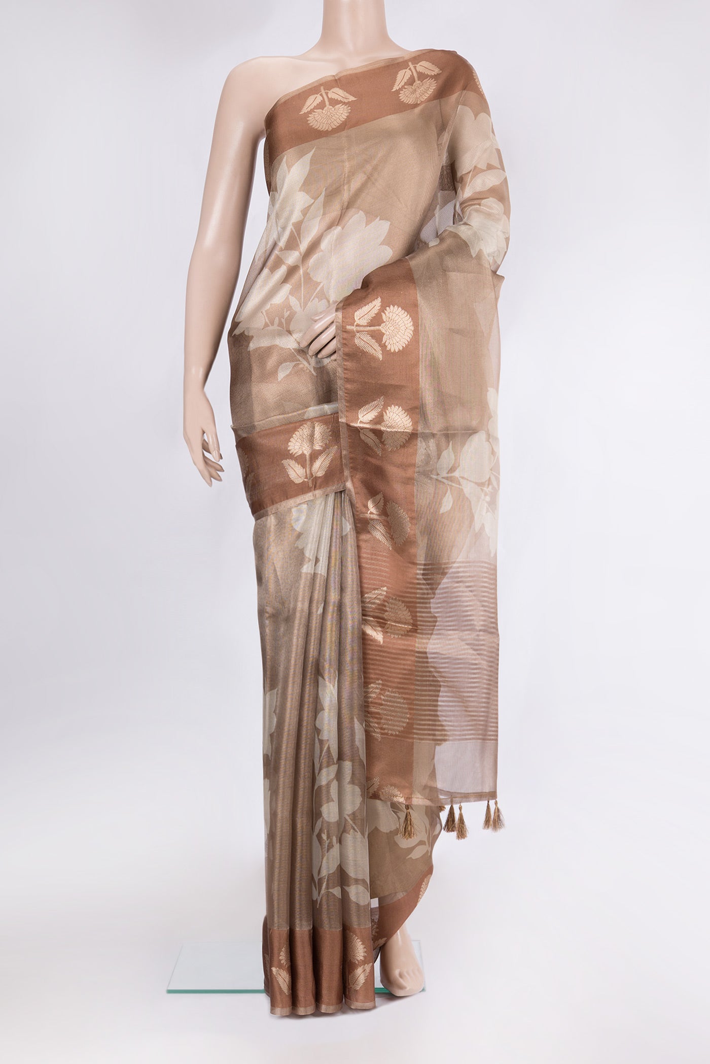 Brown Blended Kota Silk Saree with Checked design on the body and Fancy Border.  displayed on a mannequin