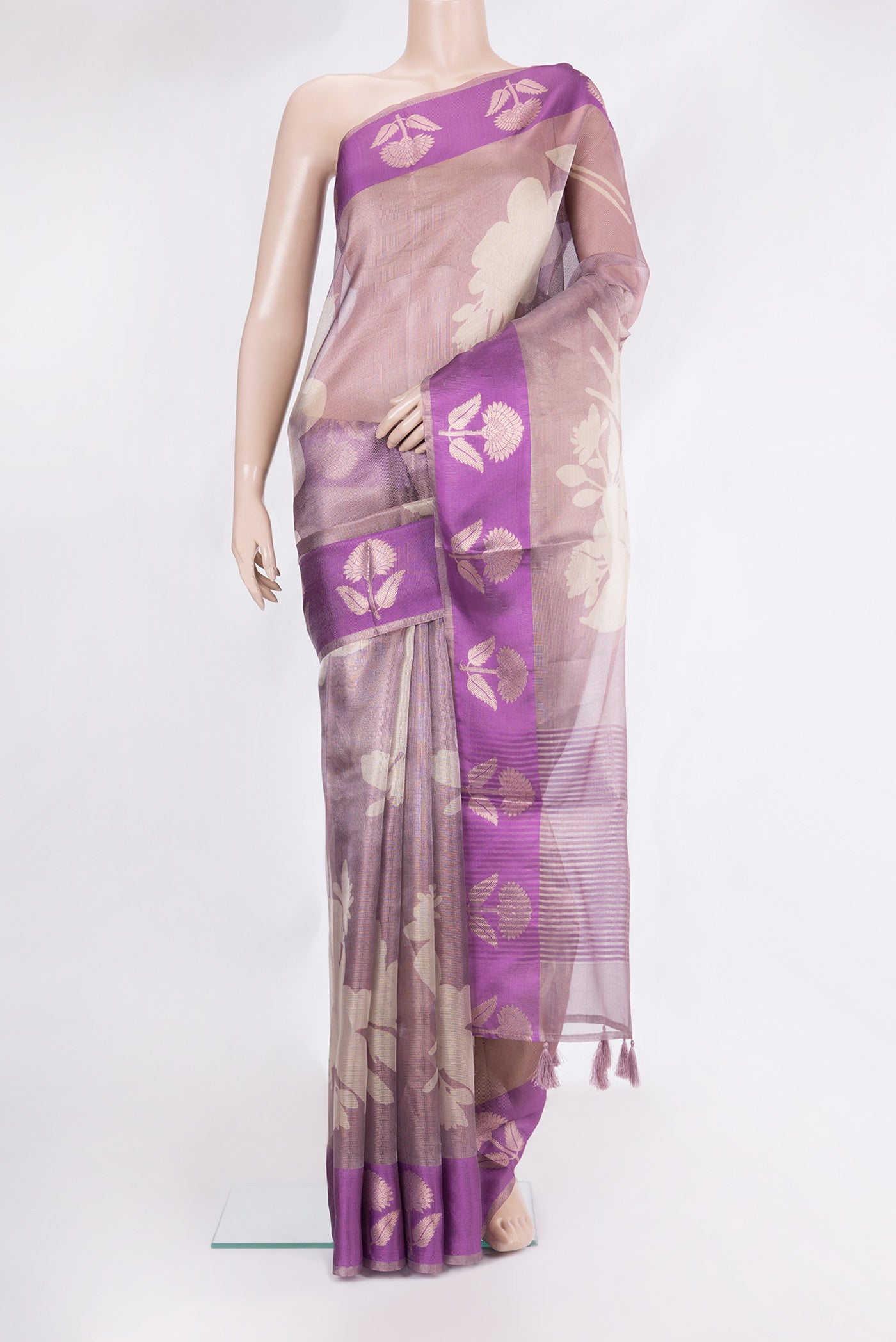 Rose Gold Blended Kota Silk Saree with Checked design on the body and Fancy Border.  displayed on a mannequin