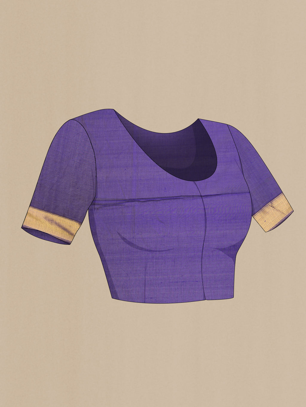 Close up image of the blouse of Peacock Blue Silk Cotton Saree with Plain Body and Zari Border. 