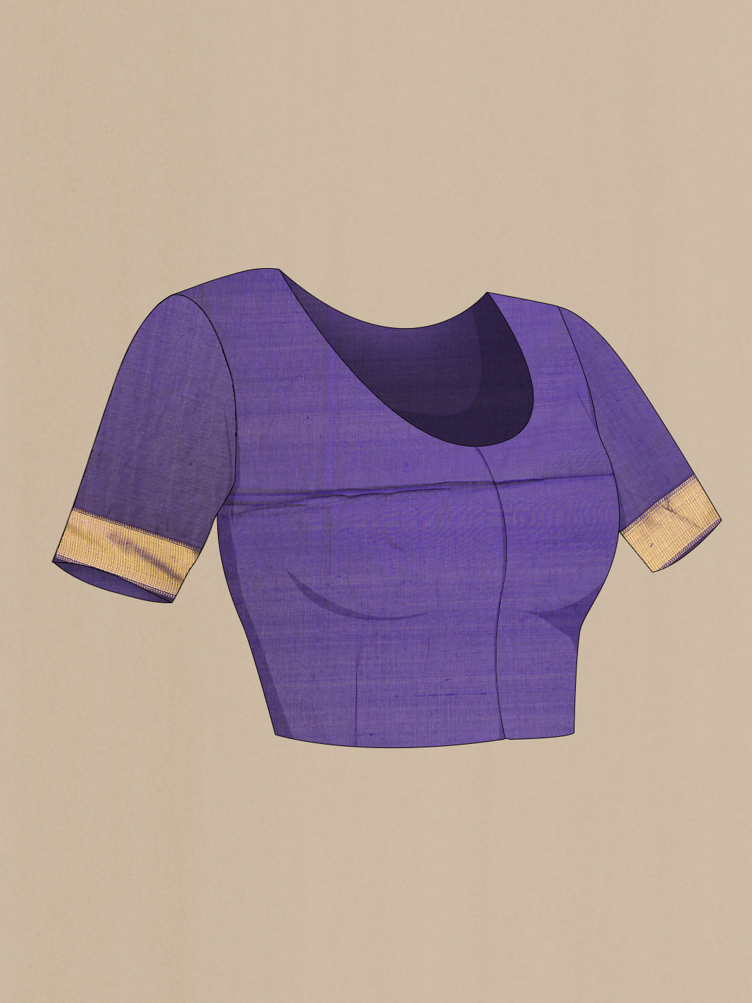 Close up image of the blouse of Peacock Blue Silk Cotton Saree with Plain Body and Zari Border. 