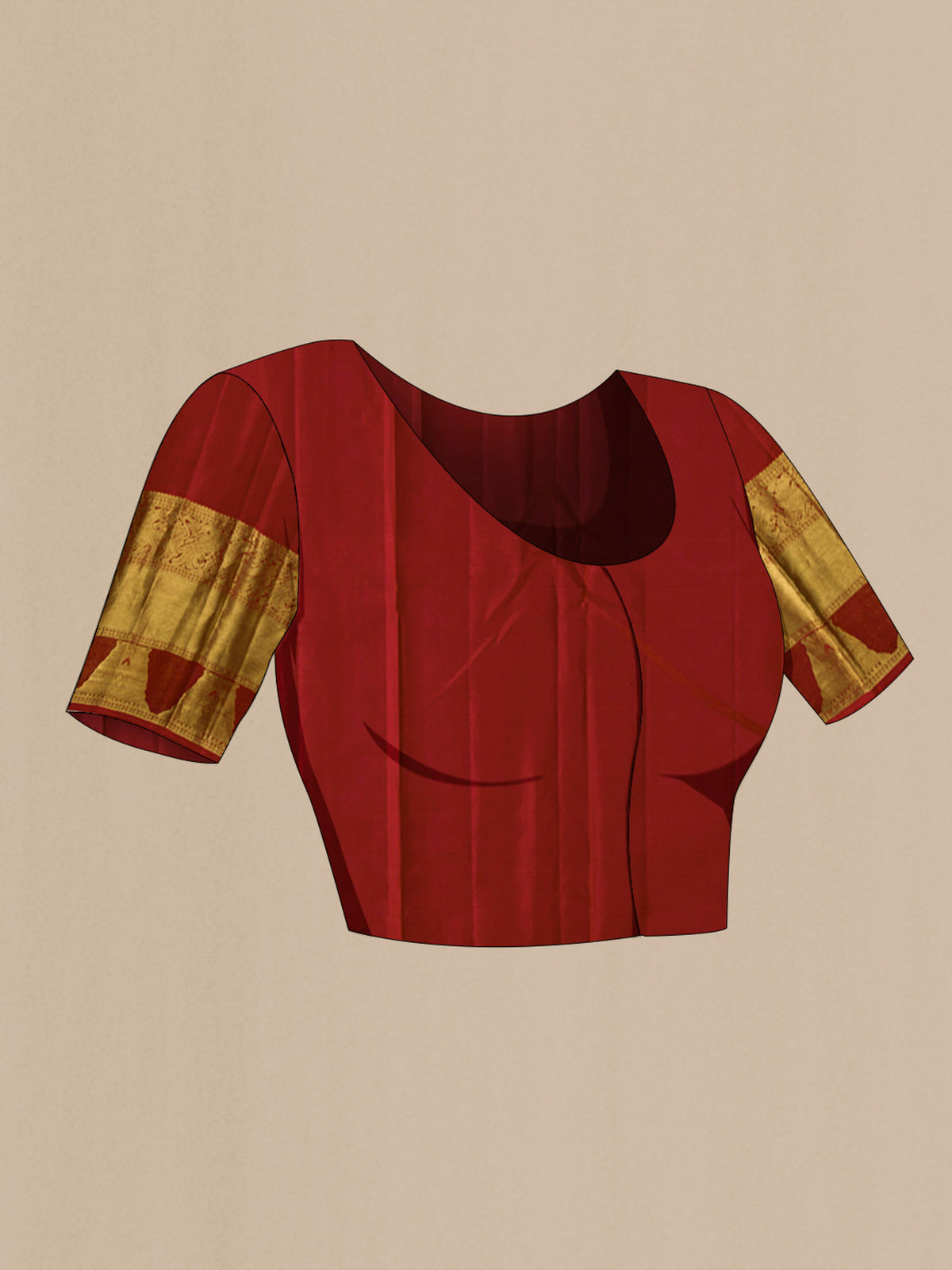 Close up image of the blouse of Maroon Kanchipuram Silk Saree with Zari Butta on the body and Zari Border