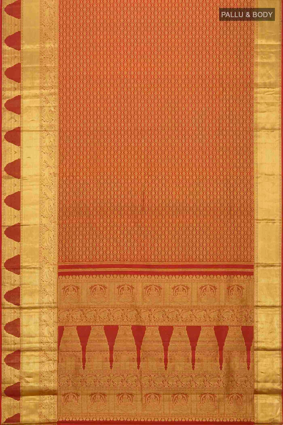 Flat view of Maroon Kanchipuram Silk Saree with Zari Butta on the body and Zari Border