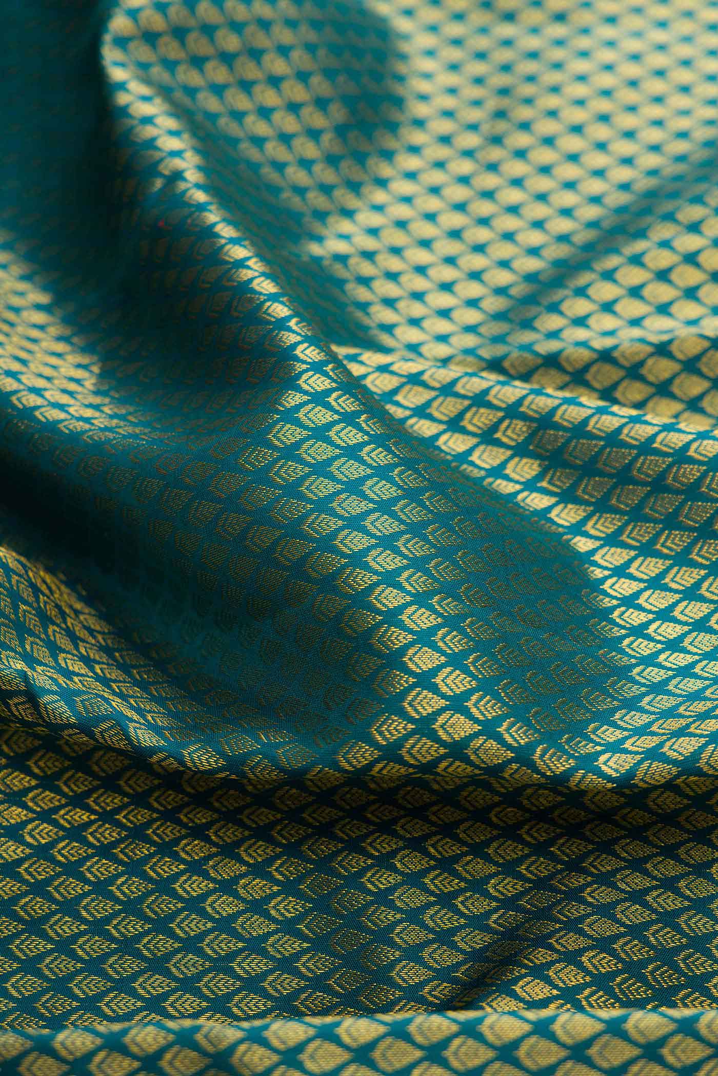 Close up of Green Dual Tone Kanchipuram Silk Saree with Zari Brocade on the body and Zari Border displaying folds