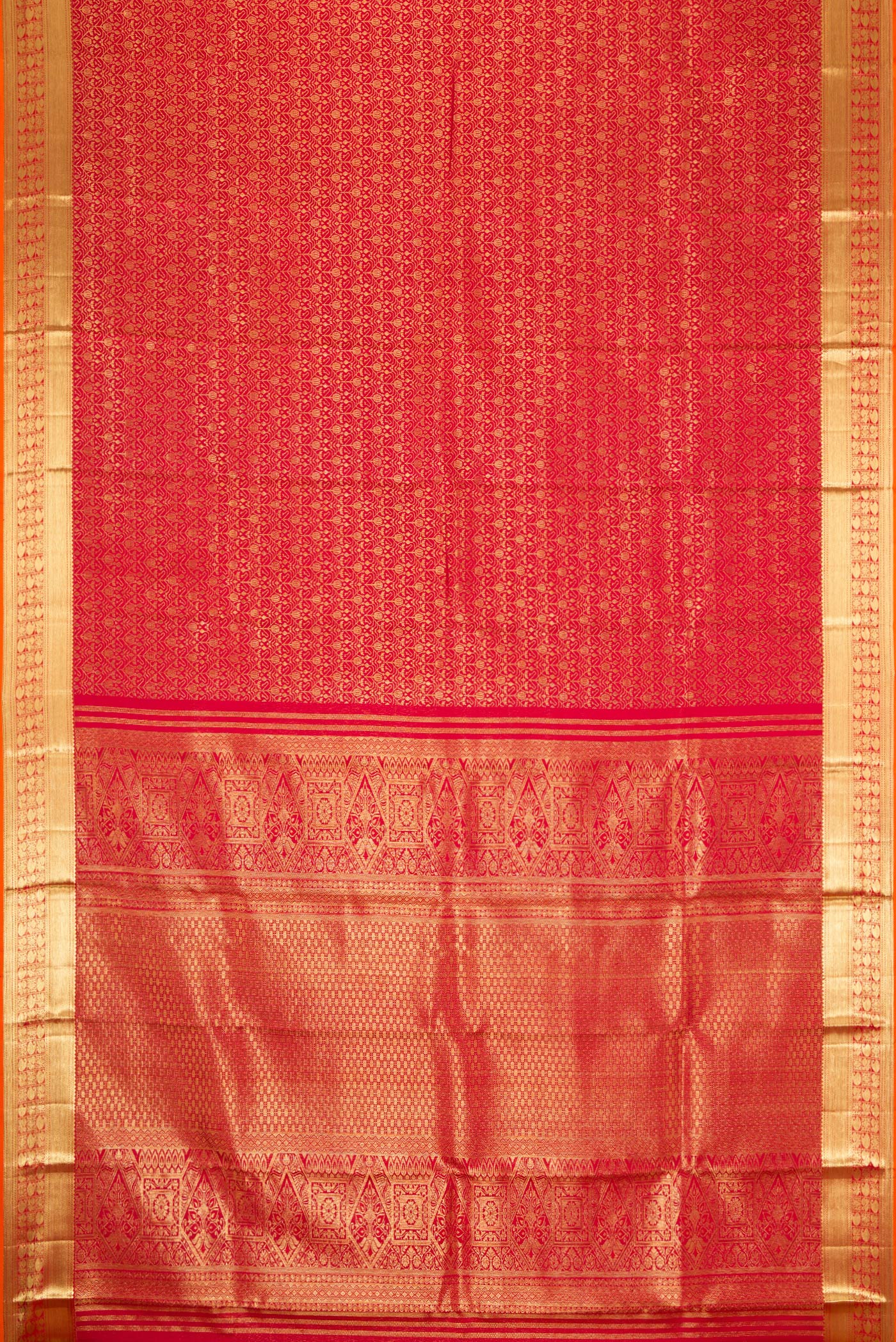 Flat view of Red Dual Tone Kanchipuram Silk Saree with Zari Brocade on the body and Zari Border. 