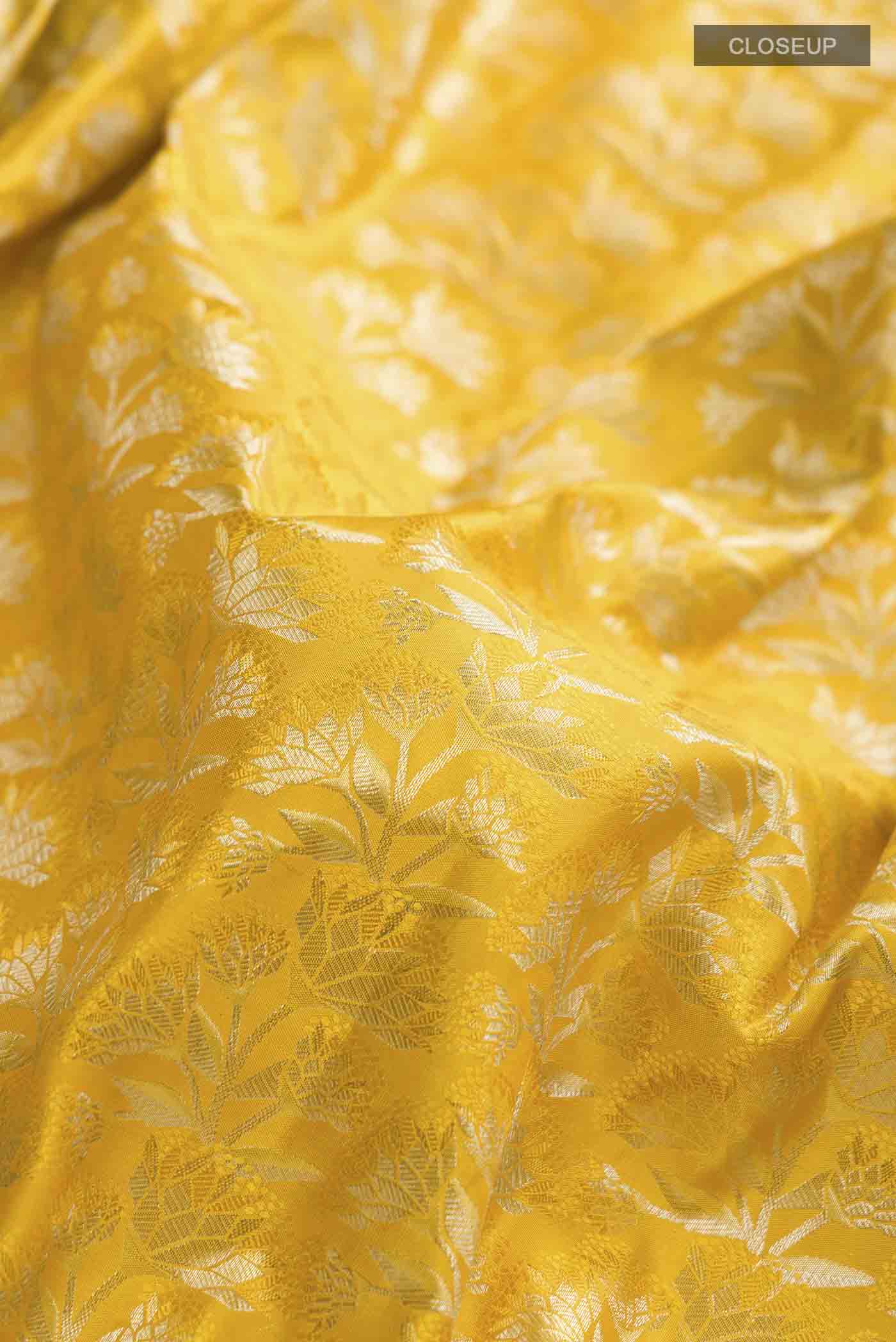 Close up of Yellow Kanchipuram Silk Saree with Zari Brocade on the body and Zari Border displaying folds