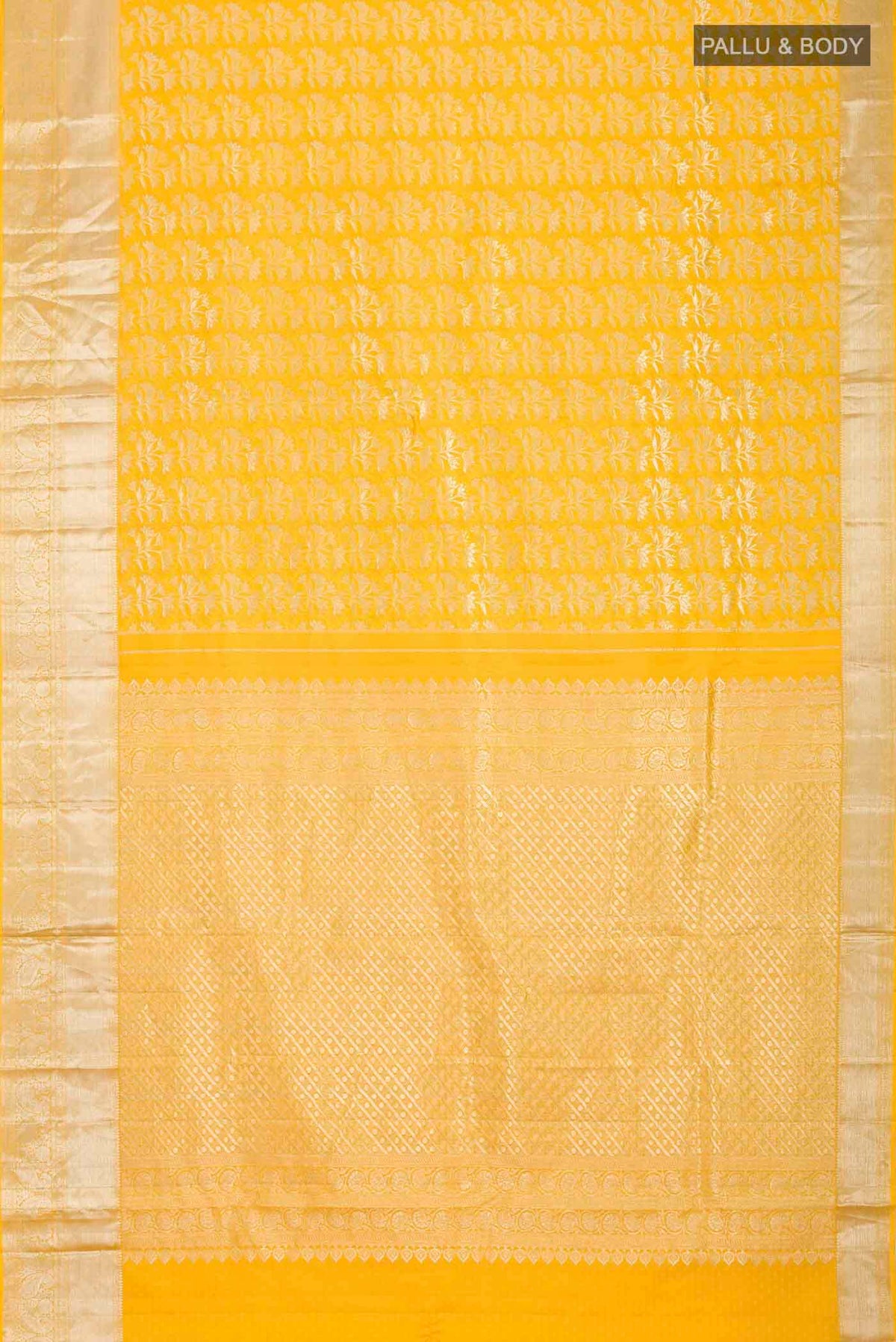 Flat view of Yellow Kanchipuram Silk Saree with Zari Brocade on the body and Zari Border