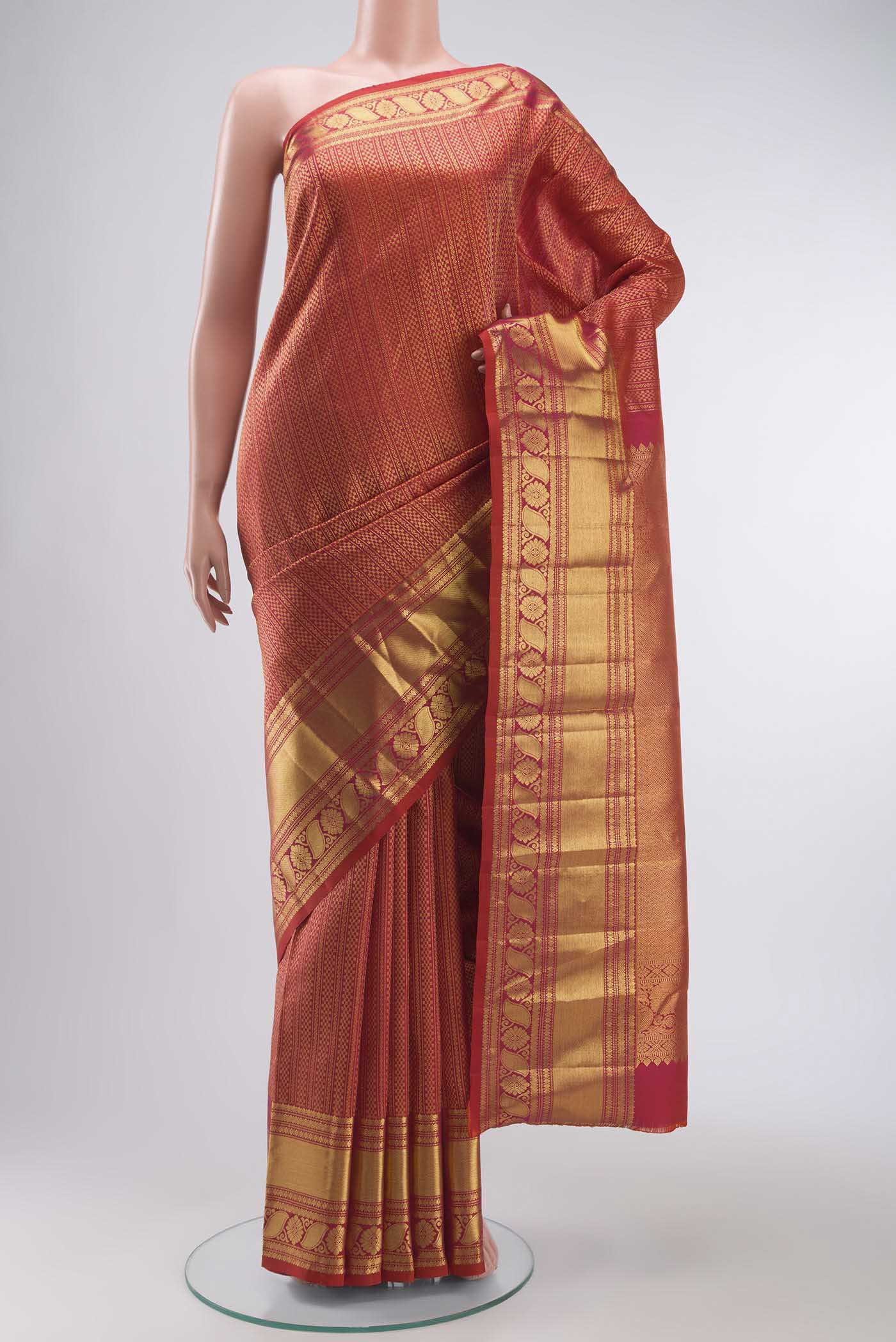 Multi Color Kanchipuram Silk Saree with Stripes on the body and Zari Border displayed on a mannequin